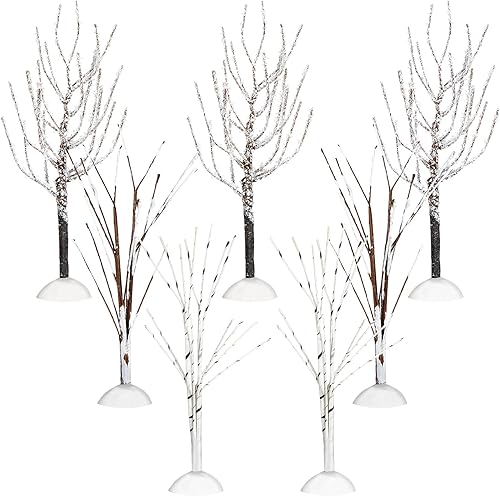 7 árboles de pueblo de Navidad y exhibición, ramas de bayas artificiales, árboles cubiertos de nieve para decoración de fiestas de invierno