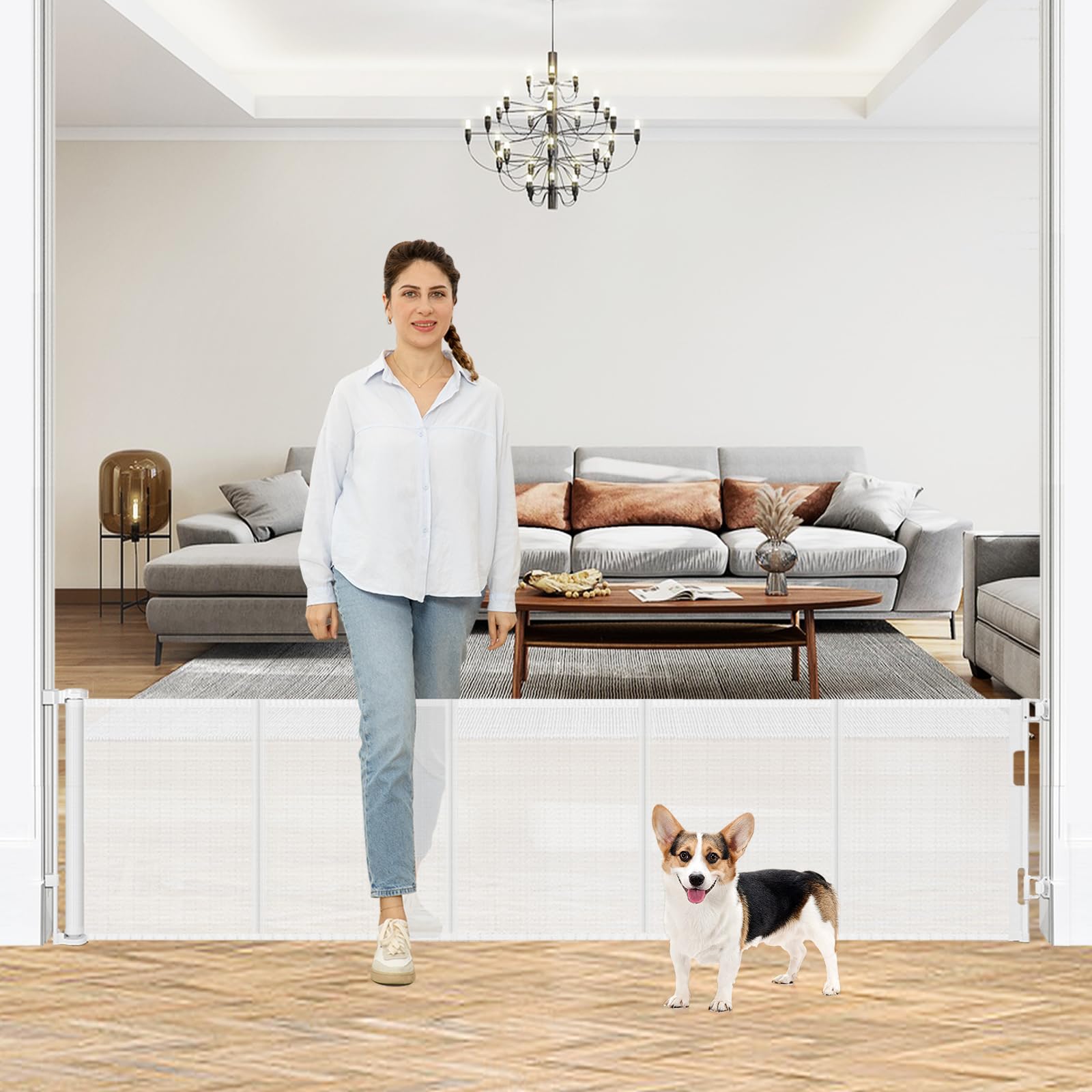 Extendable Dog Gate for House Short Baby Gate to Climb Over Reinforced Mesh Puppy Gate for Doors Stair Treads Indoor/Outdoor White 24" High x 108"