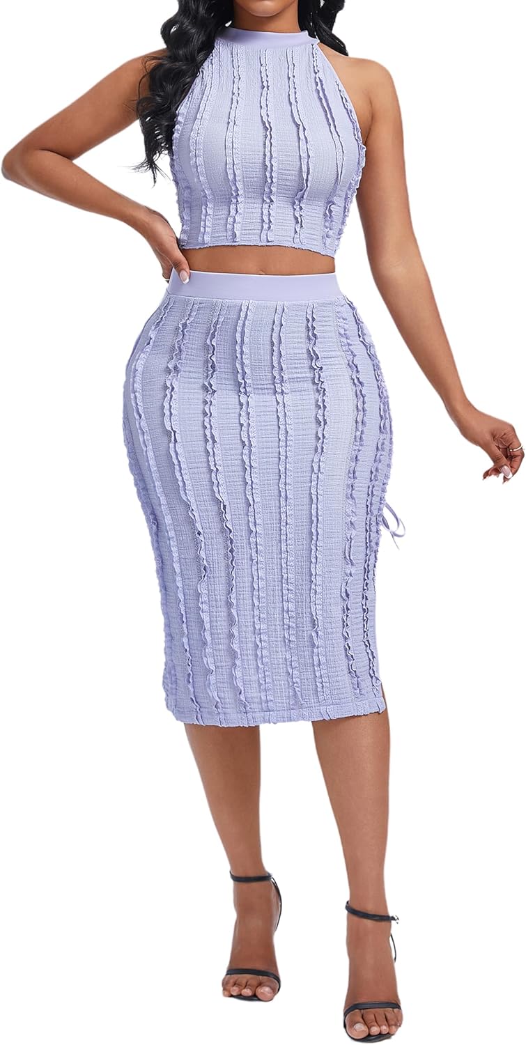 Women's Casual 2 Piece Outfit Crop Tops and High Waist Slim Skirt Set