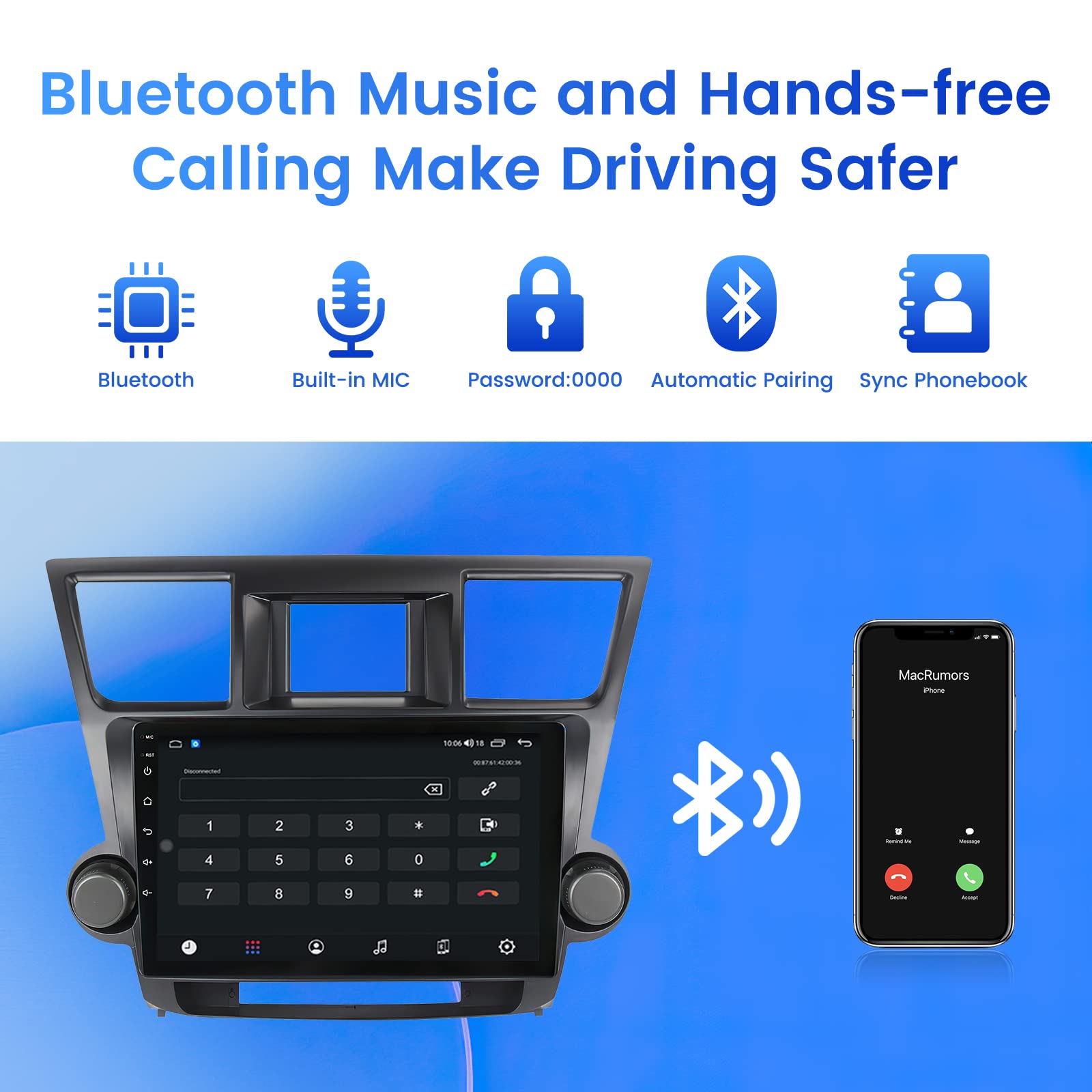 10 Inch Android Car Stereo For Toyota Highlander 2009-2013 - Wireless CarPlay, Android Auto, 3GB+32GB, Touch Screen