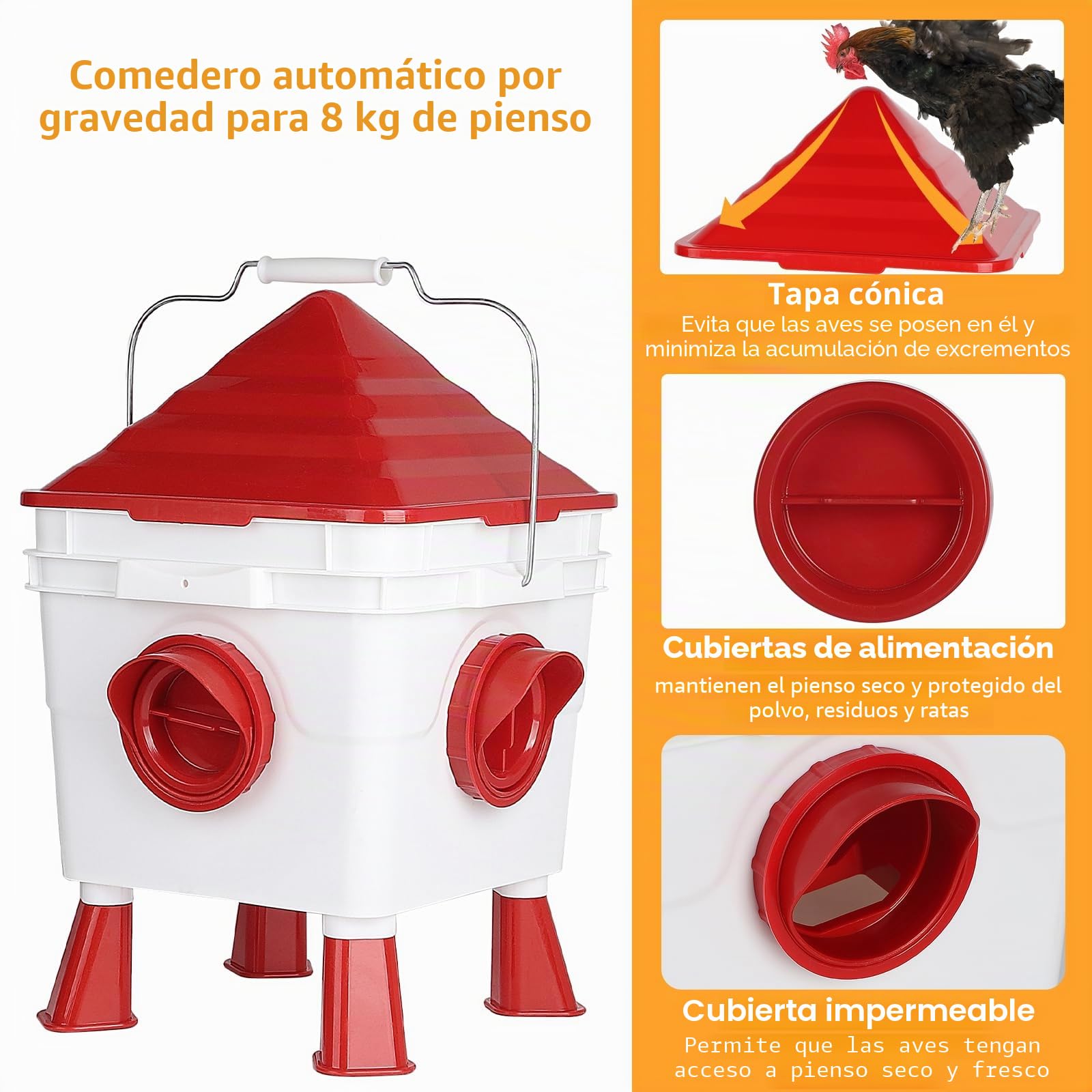 EFUTURETIME Bebedero Gallinas Automatico con Capacidad de 7L, Comedero Gallinas Antipajaros con Capacidad de 8KG, Bebedero para Gallinas con Cadenas de Acero para Aves de Corral