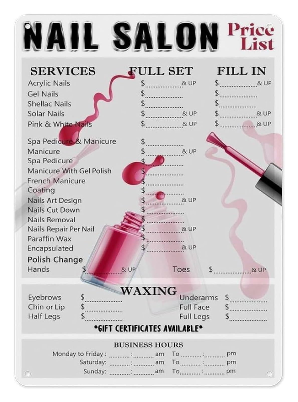AUOQKQUT Nail Salon Metal Sign Vintage Menu Services List Tin Poster Professional Business Wall Decor 8 X 12 inch