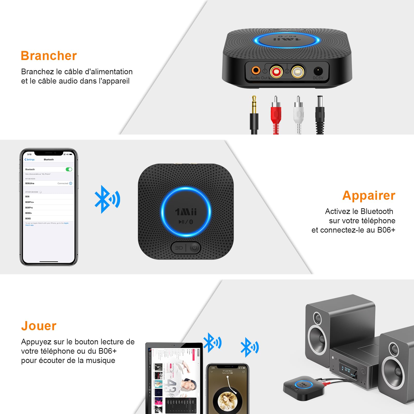 1Mii B06+ Recepteur Bluetooth, Adaptateur Bluetooth 5.3 pour Système Stéréo Domestique, avec aptX HD/Adaptive,3D Surround, Récepteur Bluetooth pour Haut-Parleurs