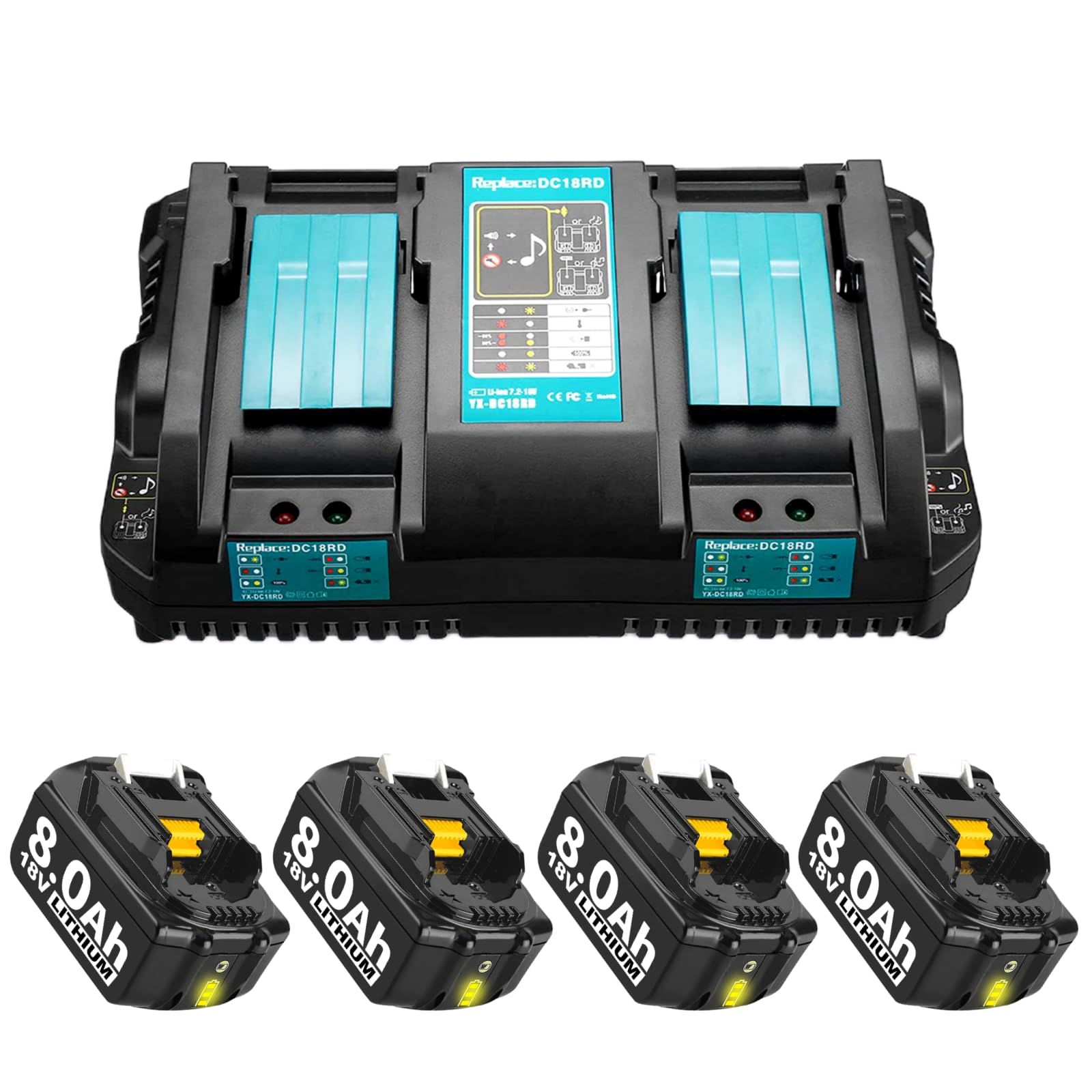 4 Pack 18V 8.0Ah Replacement for Makita 18V Batteries with DC18RD 6A Charger Compatible with Makita Battery and Charger BL1860 BL1860B BL1850 BL1850B BL1840 BL1830 (C+4)