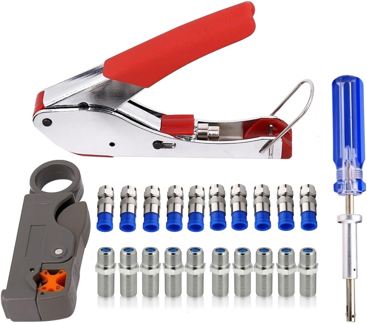 Coax Crimper Tool Kit Coaxial Compression Stripping Tool Cable Wire Stripper with 10 PCS F Male And 10 PCS Female to Female RG6 RG59 Connectors LTT-7 CATV Cable Locking Terminator TV Tool