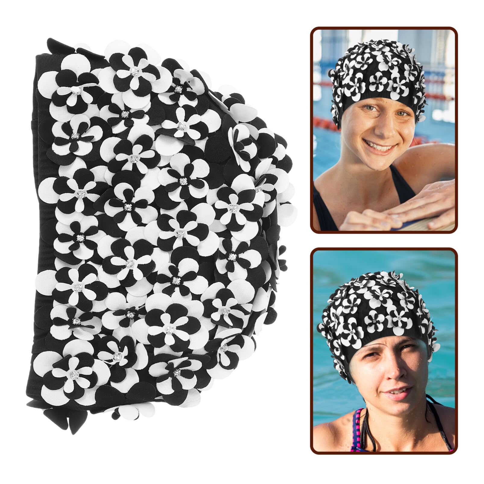 Cuffia Nuoto Fiori per Adulti, Festa Estiva, Lunga Protezione | Nero in Cotone e Nailon, Facile da Indossare e Togliere, Adatta a Chioma Lunghi