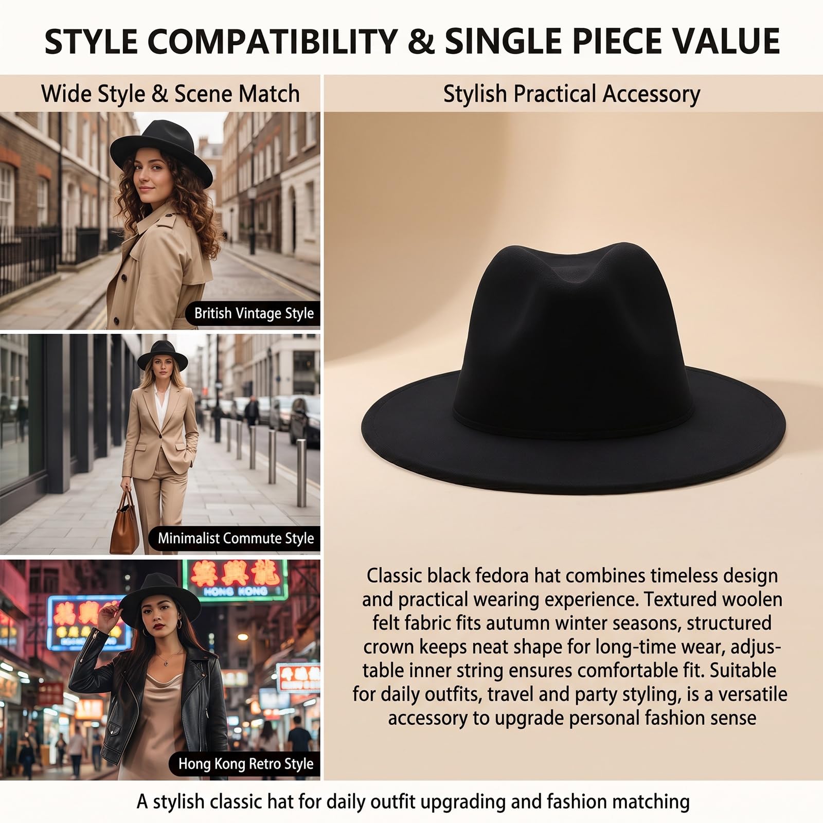 Classic Black Jazz Hat Fashion Fedora Hat Large Bord Porc Tarte Cap élégant Laine Feutre Hiver Hommes Femmes Chapeaux
