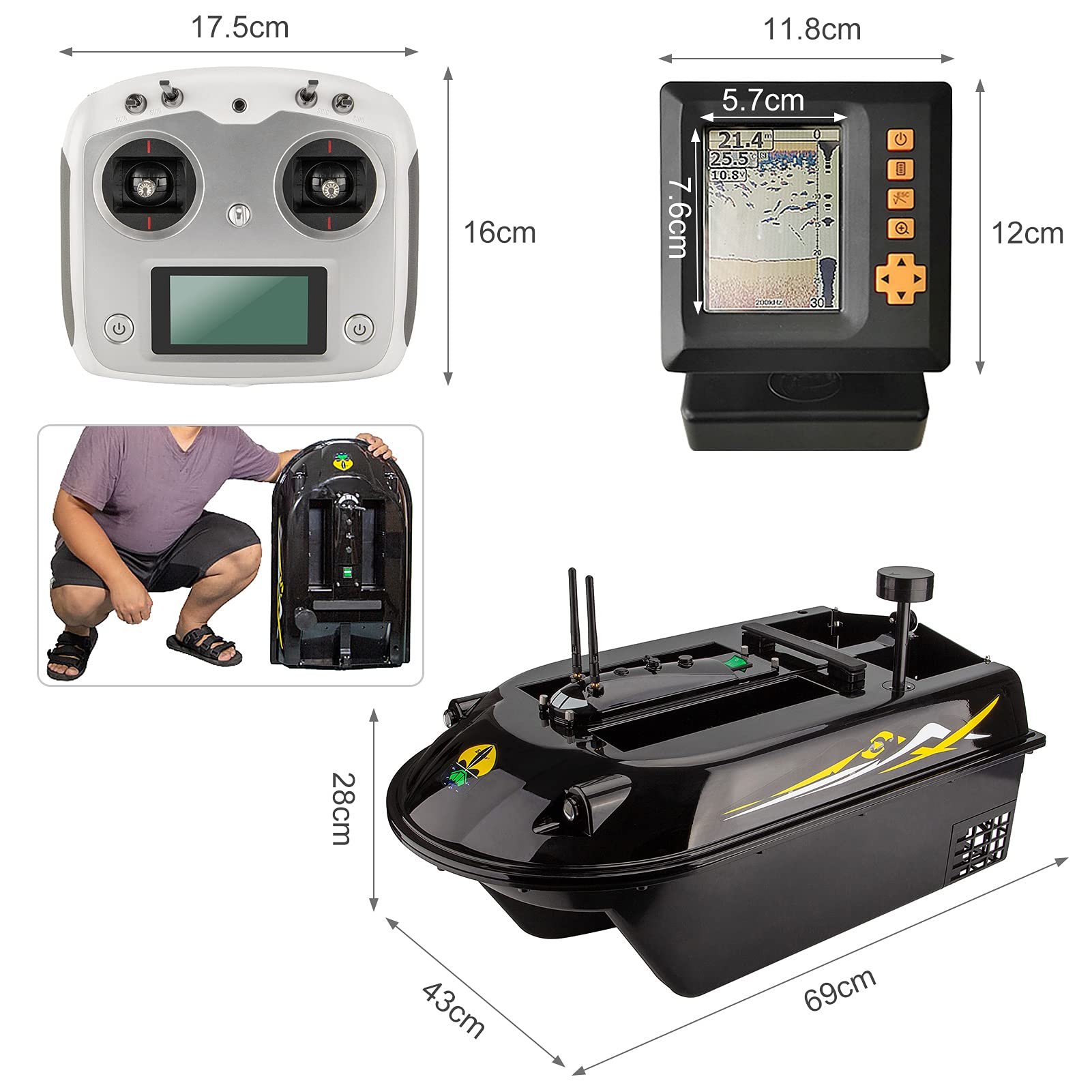 Generic Bateau amorceur, Bateaux amorceurs pour la pêche à la Carpe, Bateaux amorceurs, Bateau amorceur GPS RC, Charge de 8 kg avec télécommande de 600 m, Bateau amorce