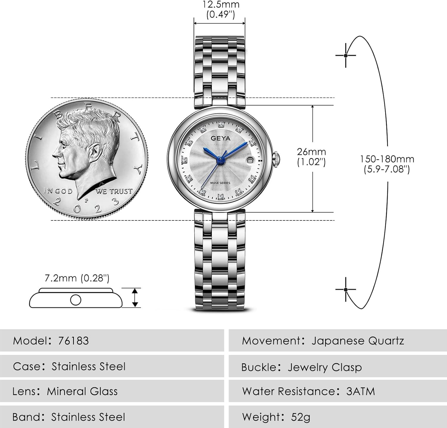 GeYa Silver Watch for Women Dainty Ladies Analog Quartz Wristwatch with Date & Diamond Dial, Stainless Steel Bracelet Water Resistant for Petite Wrist, Gift for Her - Image 6