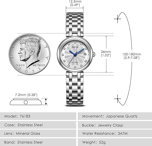 Miniatura 6 de GeYa Silver Watch for Women Dainty Ladies Analog Quartz Wristwatch with Date & Diamond Dial, Stainless Steel Bracelet Water Resistant for Petite