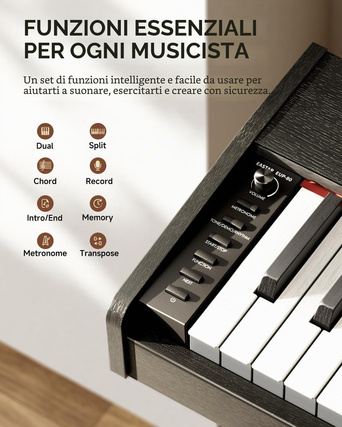 Eastar EUP-80 Pianoforte Digitale 88 Tastiera Velocità-Sensibili Chiave, Tastiera Pianoforte Elettrica Full-Size per Principianti, Tastiera Verticale Pianoforte Bundle Musica Stand, Pedale e Cuffie