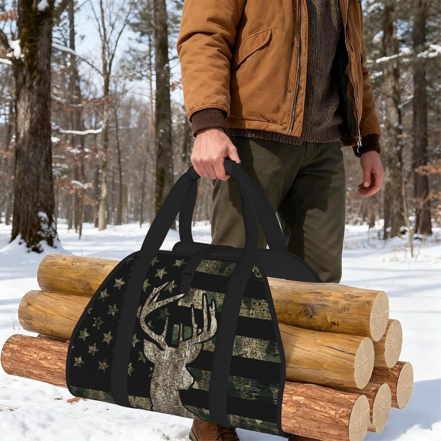camo Camouflage American Flag Hunting deer Heavy Duty Firewood Carrier Bag - Large Oxford Wood Log Tote, Stylish & Waterproof Firewood Holder with Reinforced Handles for Indoor, Outdoor, Camping & RV