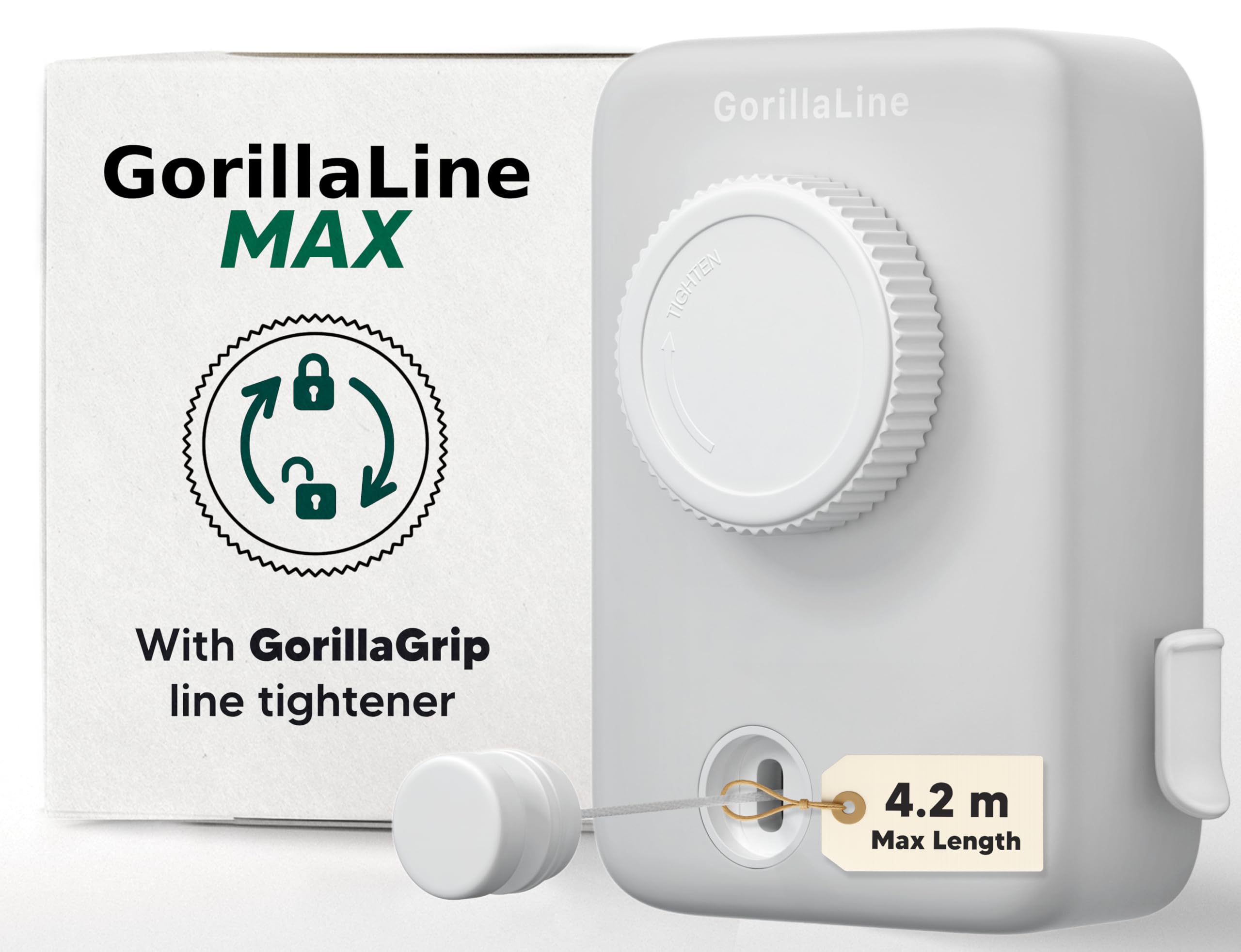 GorillaLine Max - Retractable Washing Line - Clothes Lines for Outside - Extendable Washing Line Rope 4.2m - Indoor and Outdoor Clothes Line - Max Tighten with GorillaGrip