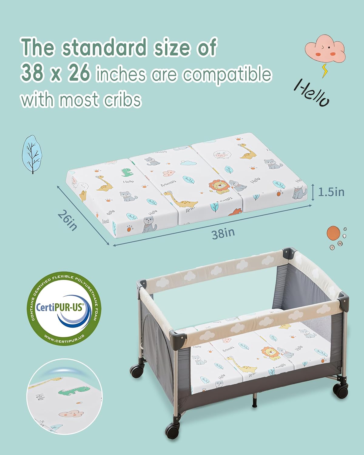 Trifold Pack and Play Mattress 38"x26" Pack N Play Mattresses for Baby Toddler, Portable Mini Crib Mattress for Playpen and Playard with Soft Breathable Waterproof Cover