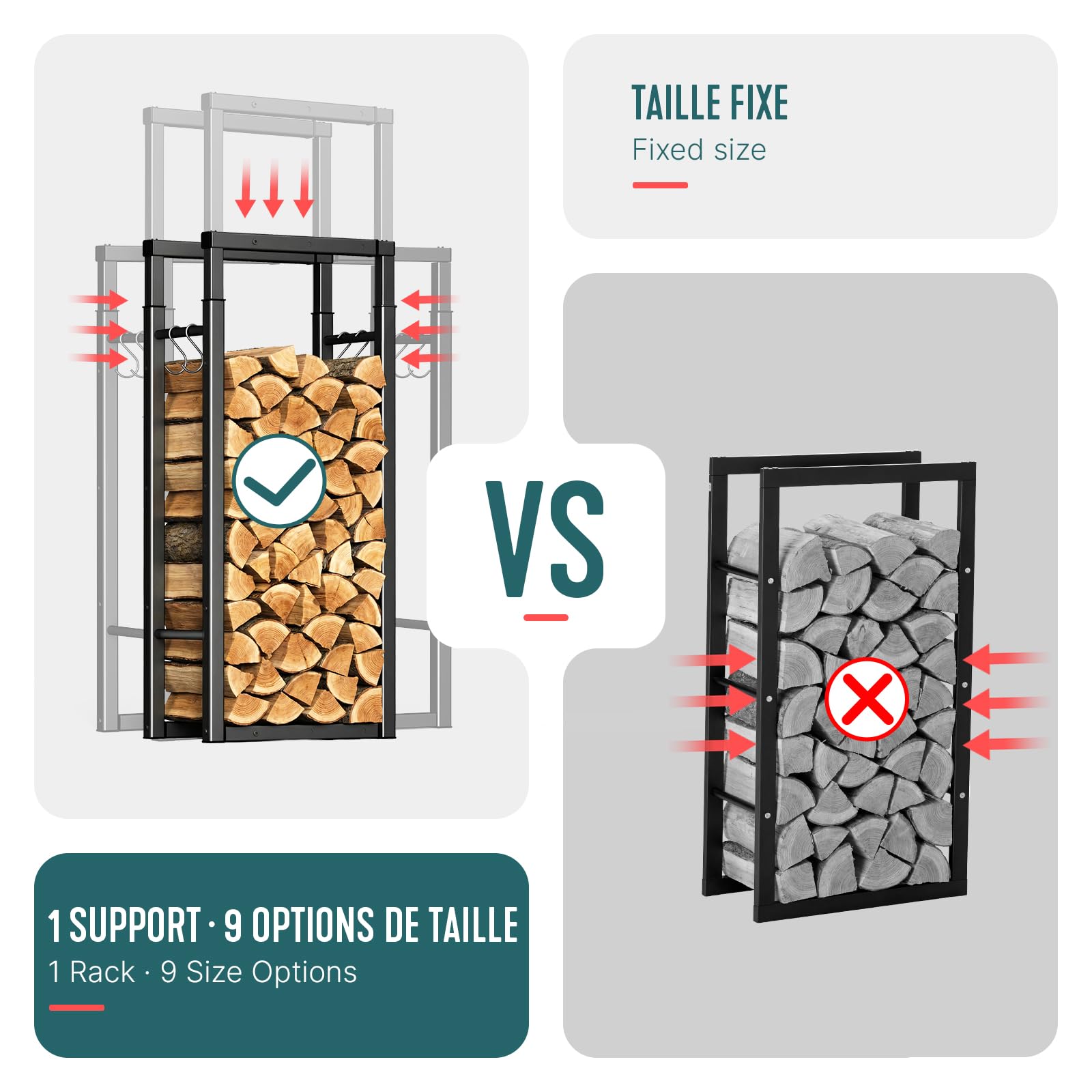 VOUNOT® Soporte de Madera, Estante de Registro de Chimenea, Leñera Registro de Leña, Soporte de Almacenamiento de Madera para Interiores y Exterior, Negro