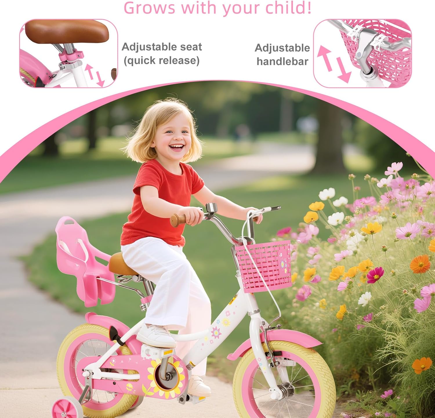 Glaf Toddler Girls Bike for Age 2-9 Years 12 14 16 Inch Girls Bike with Training Wheels and Doll Seat Kids Bike Bicycle with Basket,Adjustable Seat,Bell