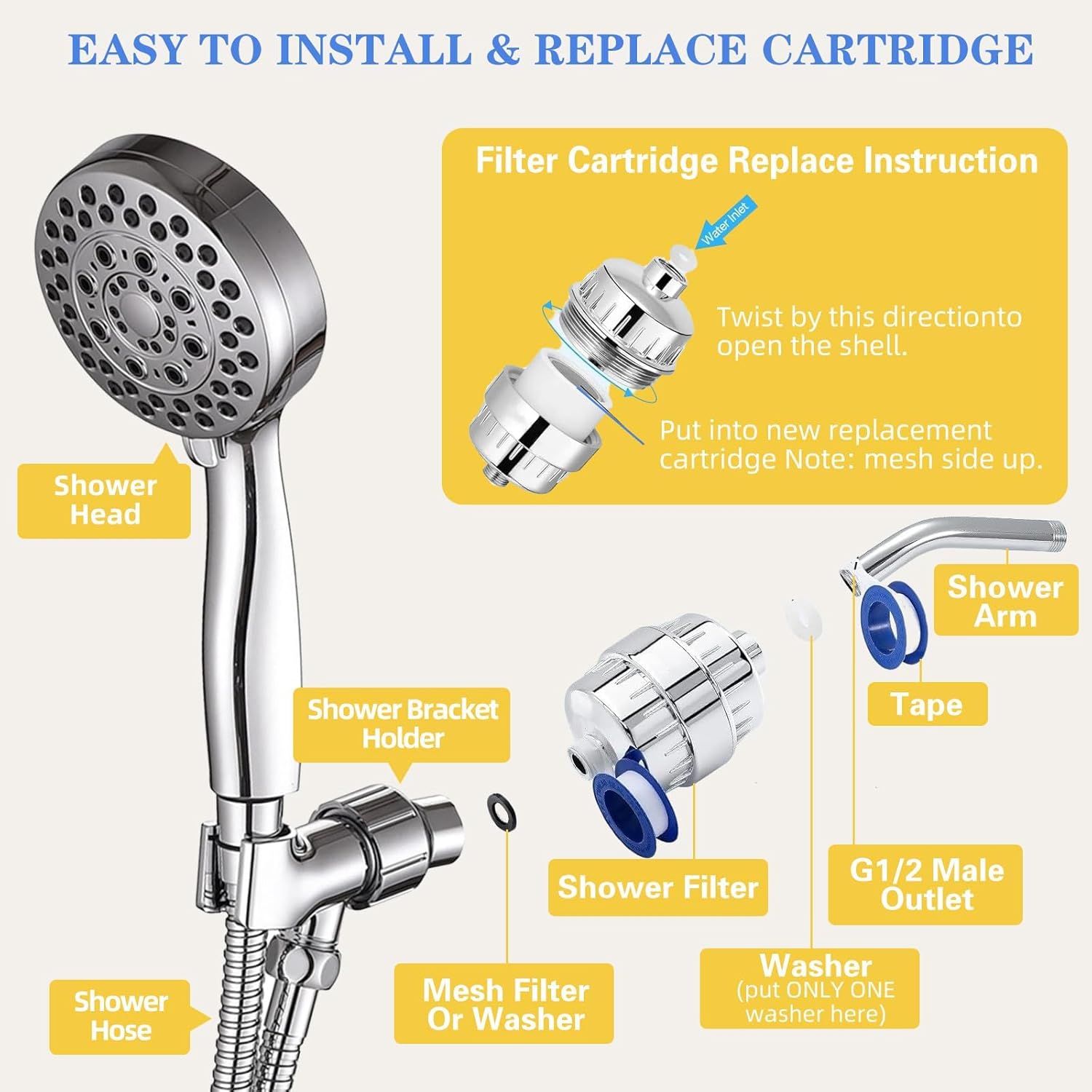 36-Stage Shower Head Filter With Vitamin C E for Hard Water - 3 Replaceable Cartridges, High Output Water Filter for Removing Chlorine and Fluoride, Polished Chrome - Image 7