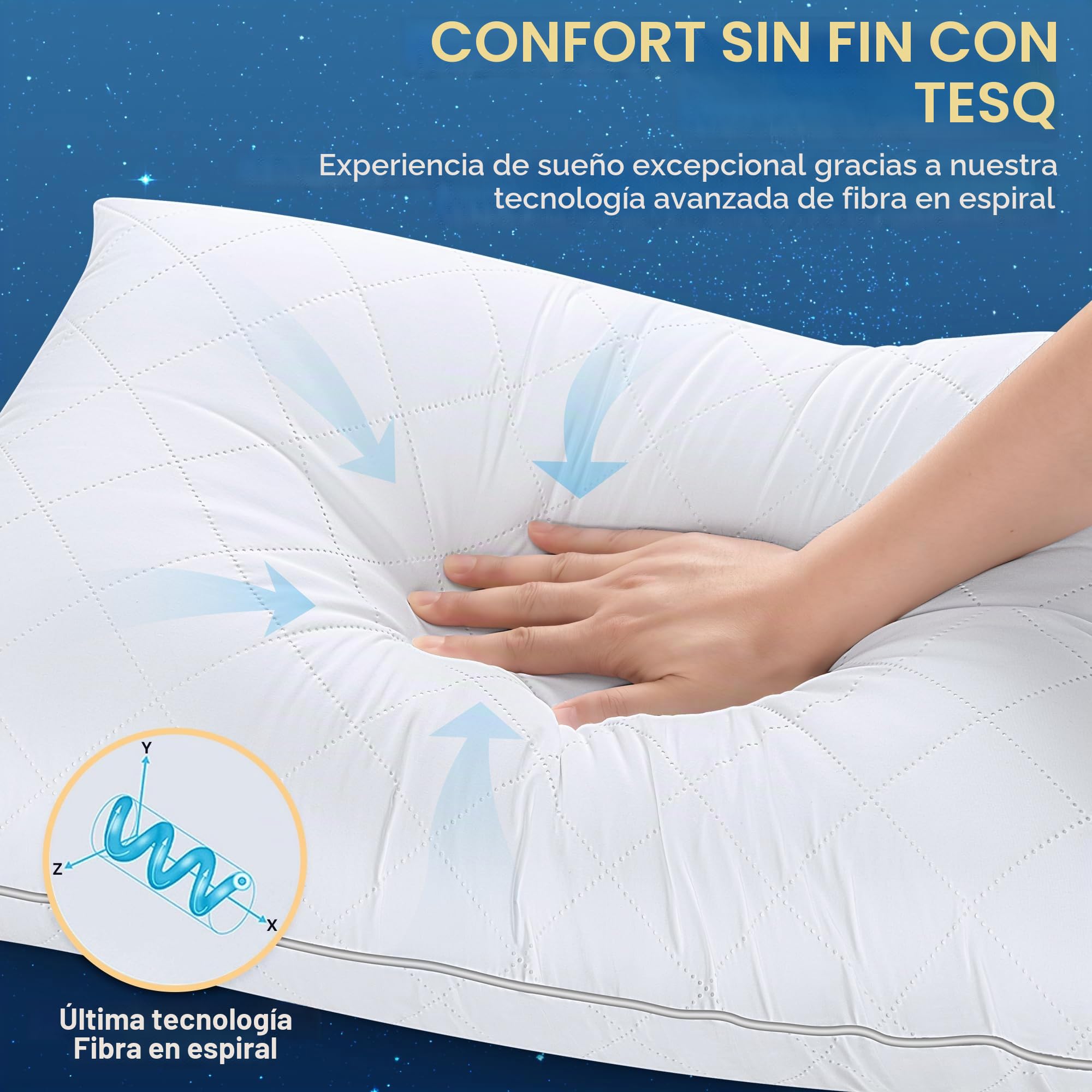 TESQ Almohadas 50x70 cm (2 Unidades), Calidad Hotelera de Lujo Almohada Suaves y Confortables, Transpirables e Hipoalergénicas Certificadas Oeko-Tex, Ideales para Todas Las Posiciones de Sueño | Lavable, confort suave, funda transpirable, hipoalergénica,