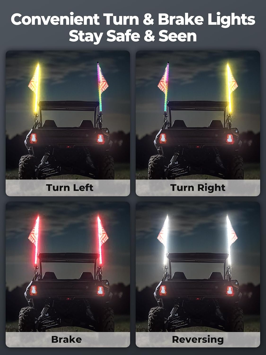 KEMIMOTO LED Whip Lights showing turn signal, brake, and reversing functions