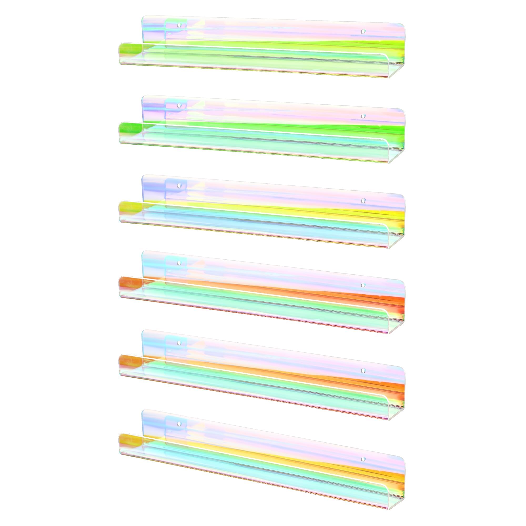 upsimples 6 Pack Iridescent Acrylic Shelves, 12" Nail Polish Rack Wall Mounted Shelves, Rainbow
