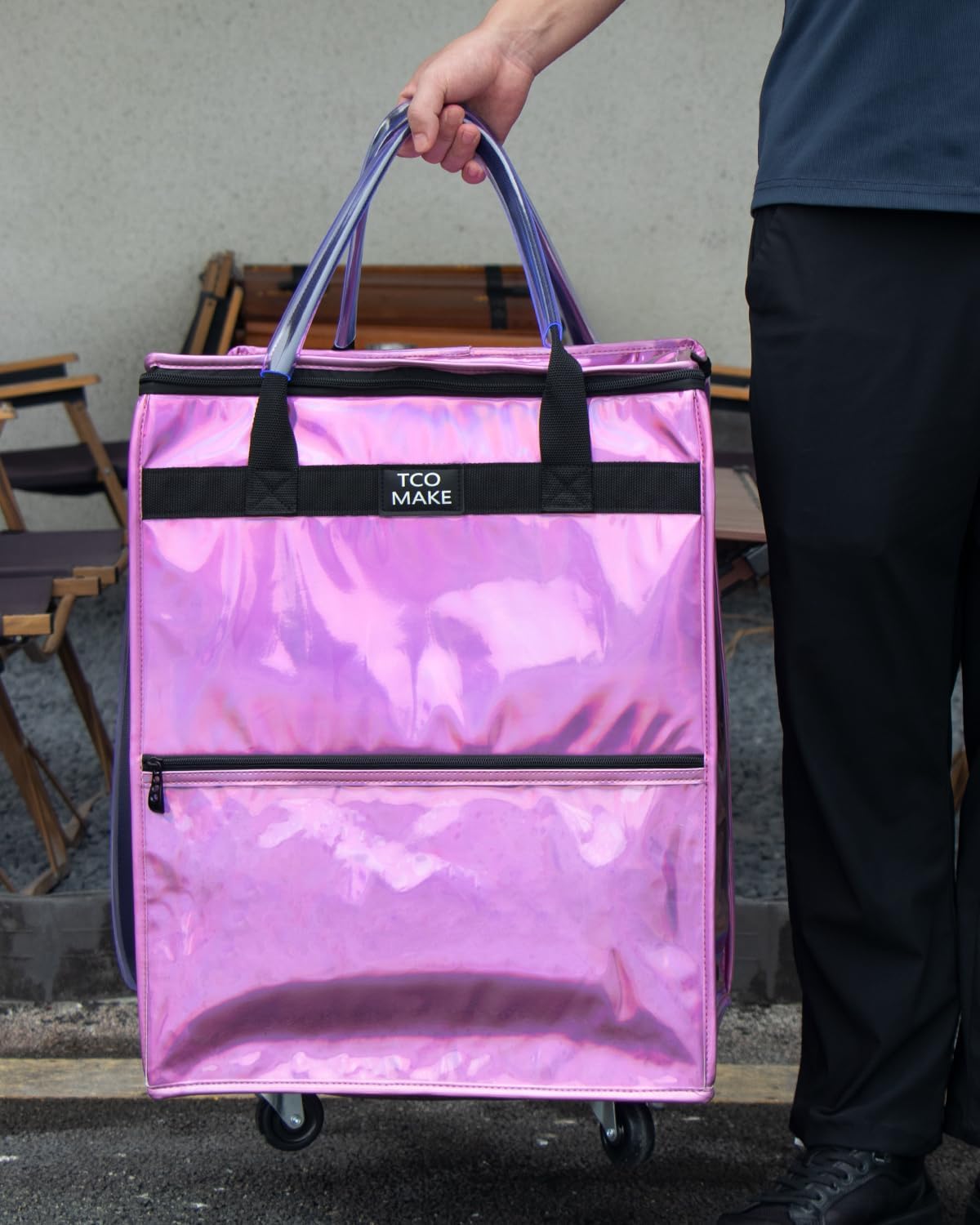 Reusable Grocery Bag on Wheels, Shopping Bags with Wheels and Handle, Folding Rolling Tote Trolley, Zipper Cover, Carries Up to 46 LBS, Waterproof (Medium, Phantom Pink)