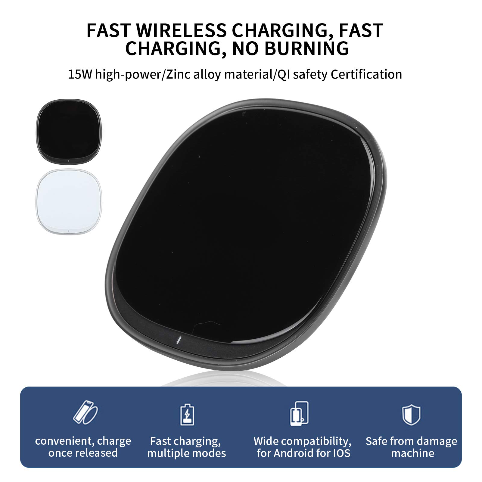 Wakects Caricabatterie Wireless da 15 W, Caricabatterie Rapido Wireless in Lega di Zinco e Vetro, Pad di Ricarica di Tipo C con modalità 5 W 7,5 10 15, Custodia da 2 a 8 Mm per Viaggi in Ufficio a