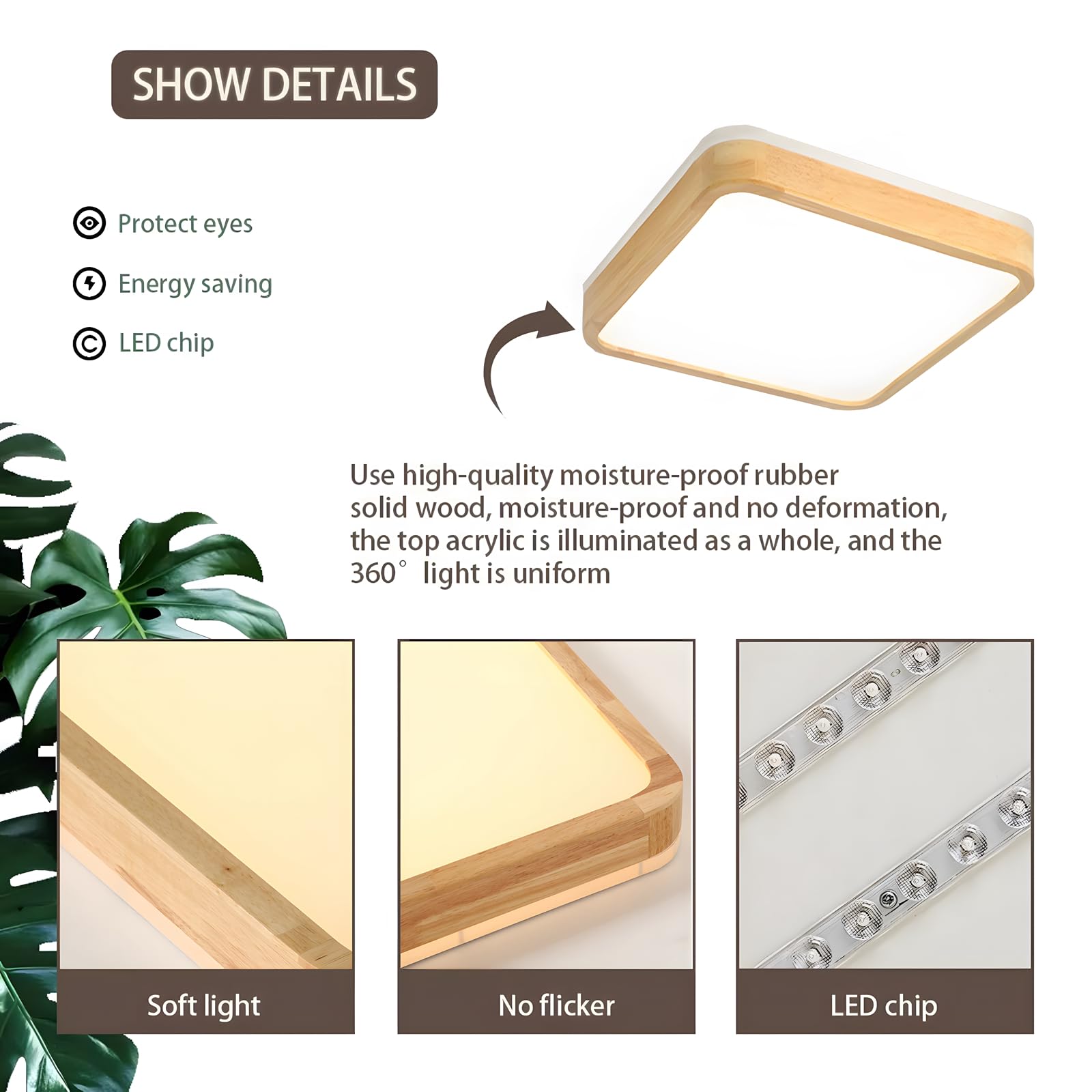 Lámpara De Techo LED De Madera | Ø30cm 4500K 1620Lm 18W | Lámpara De Techo Cuadrada De Madera Natural Con Brillo De 360°, Dormitorio, Sala De Estar, Habitación De Los Niños (Blanco Neutro)