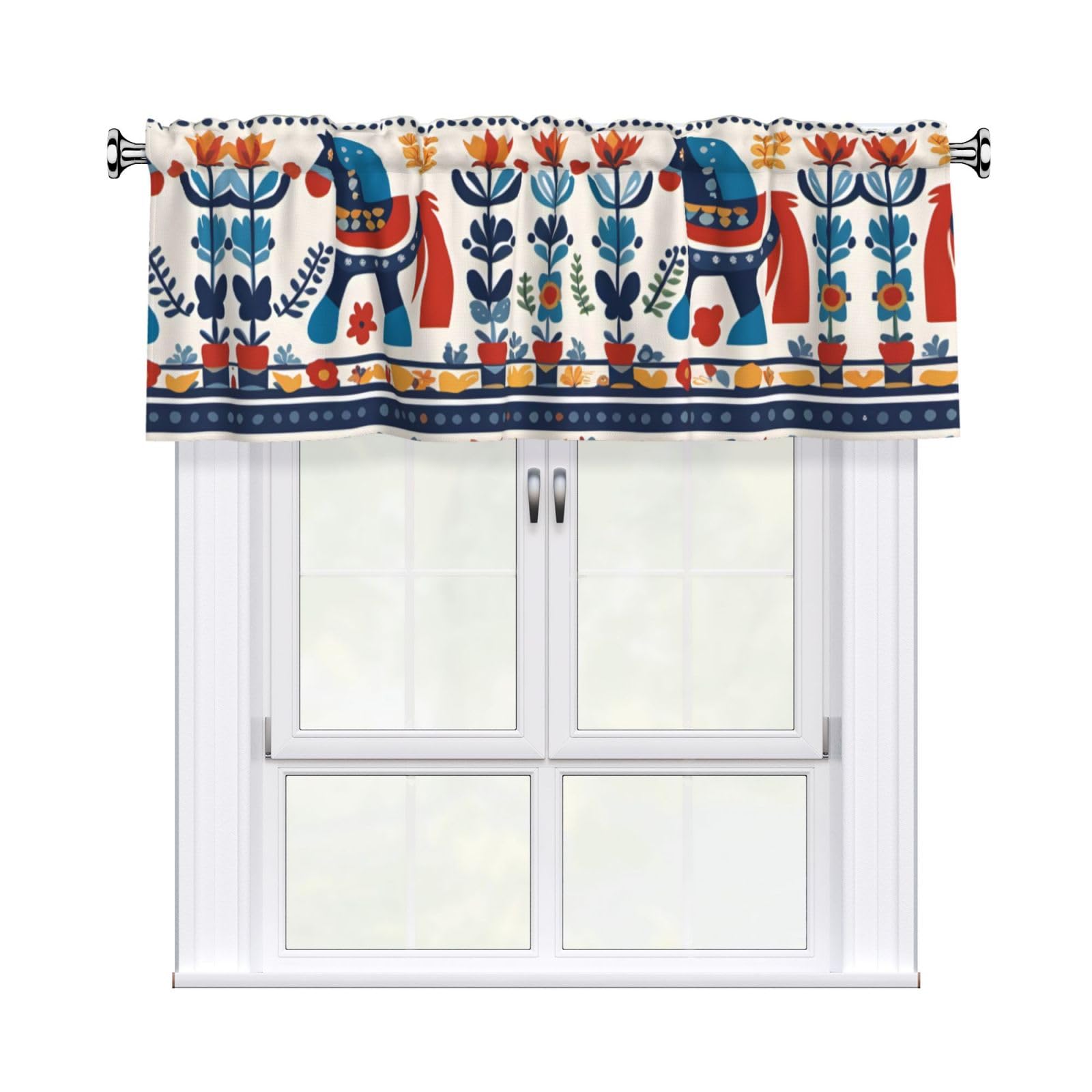 WHJSHOP Swedish Dala Horse Folk Prints Curtain Valance 54x18in - Peach Skin Kitchen Window Layer, Filtered Light & Quick-Install Rod Pocket Cover