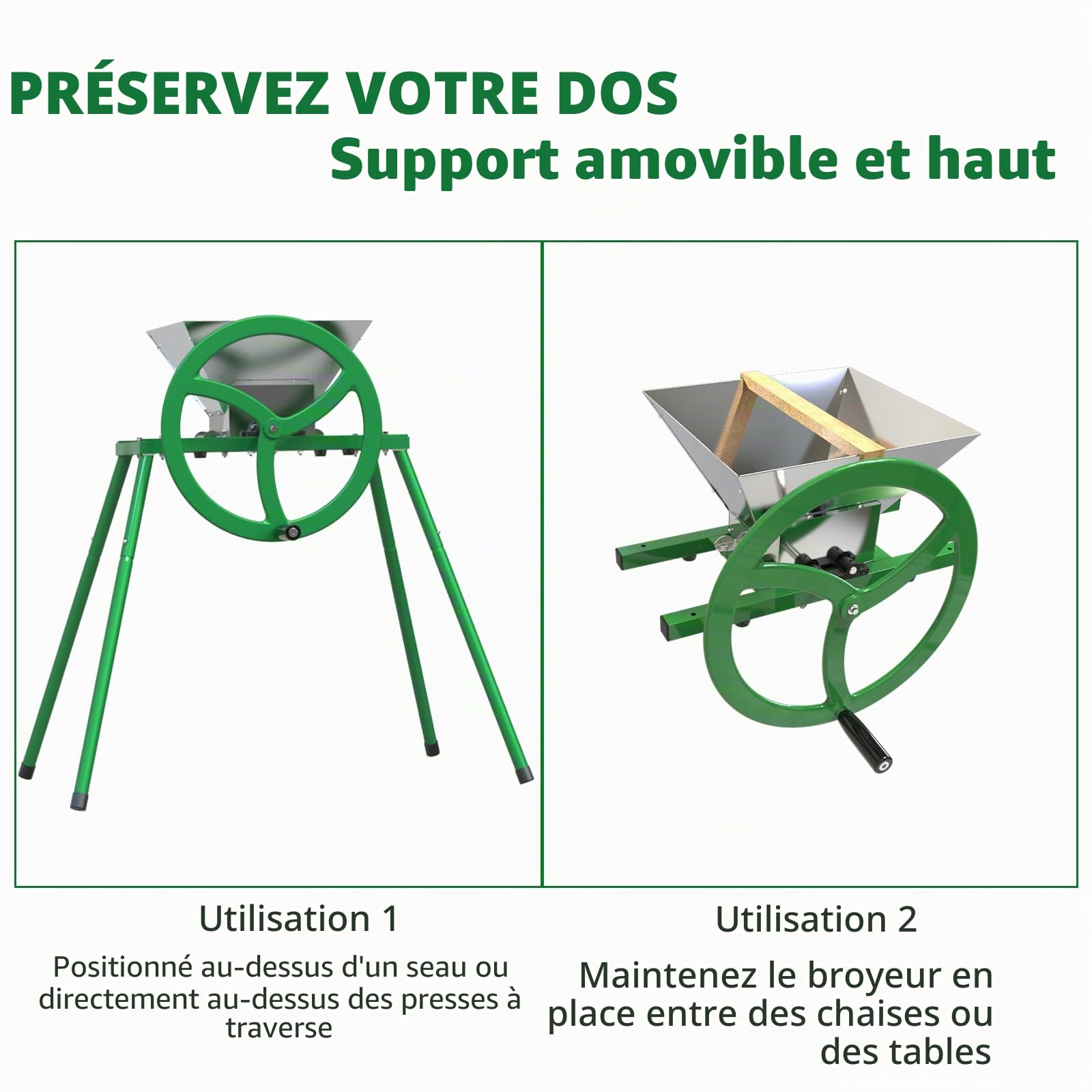 Broyeur de fruits et pommes avec volant d'inertie et support – Moulin à jus manuel en acier inoxydable de 7 L, broyeur à fruits pour pressage du vin et du cidre