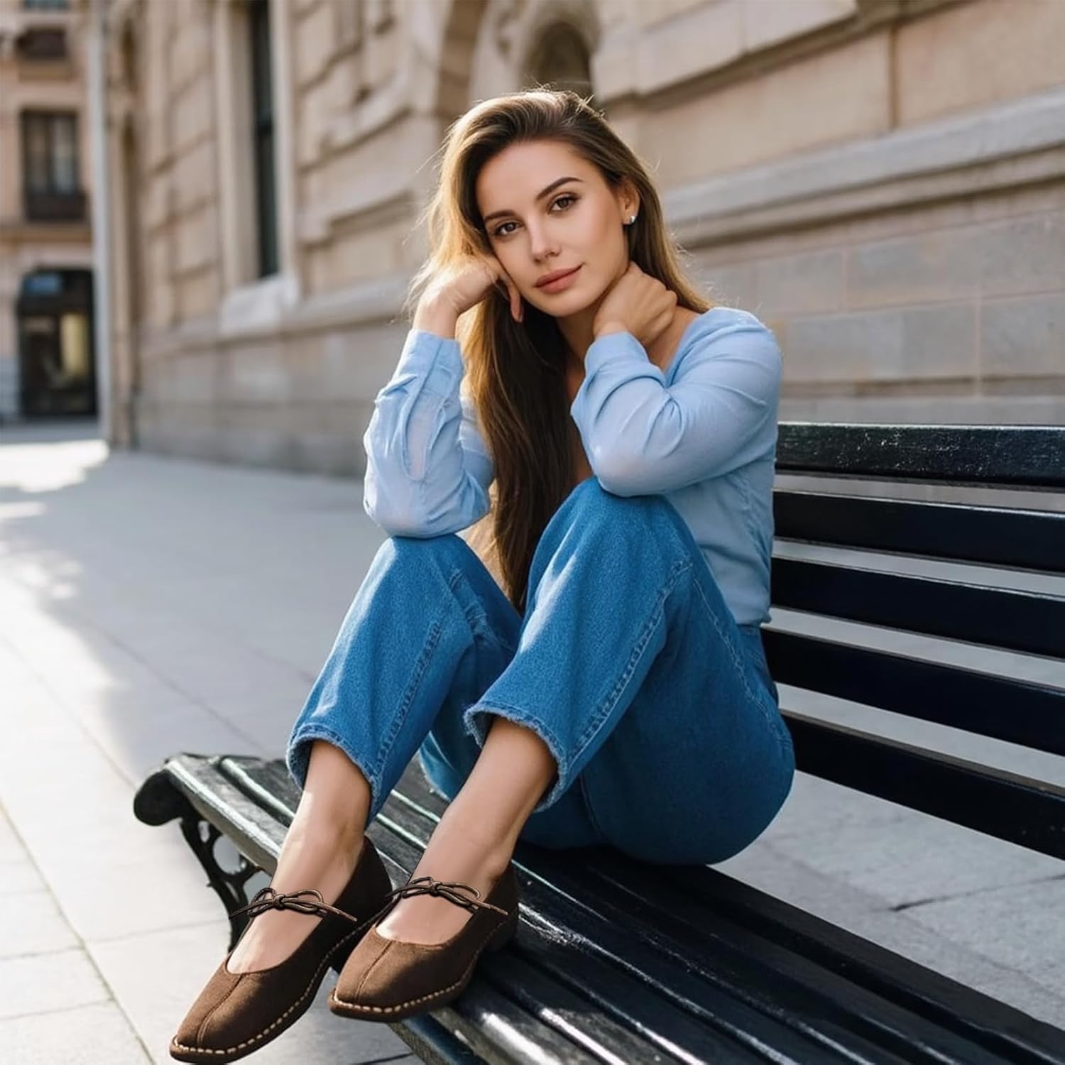 Square Toe Ballet Flats for Women Bow Strap Mary Jane Flats Lace Up Comfortable Ballerina Shoes - Image 2