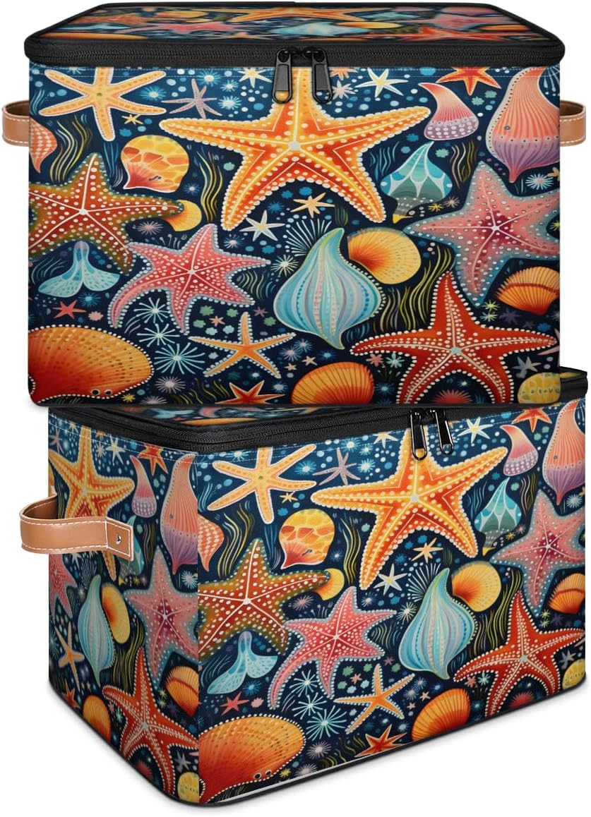 Storage Bin Set of 2 Colorful Starfish Storage Basket with Zipper Lid & Handle Foldable Closet Shelf 2 Pack Cloth Organizer Basket Cube Bins Clothes Organizer for Nursery, Bedroom