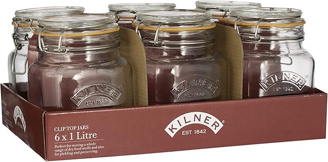 Kilner® Tray of 6 1 Litre Square Clip Top Jars