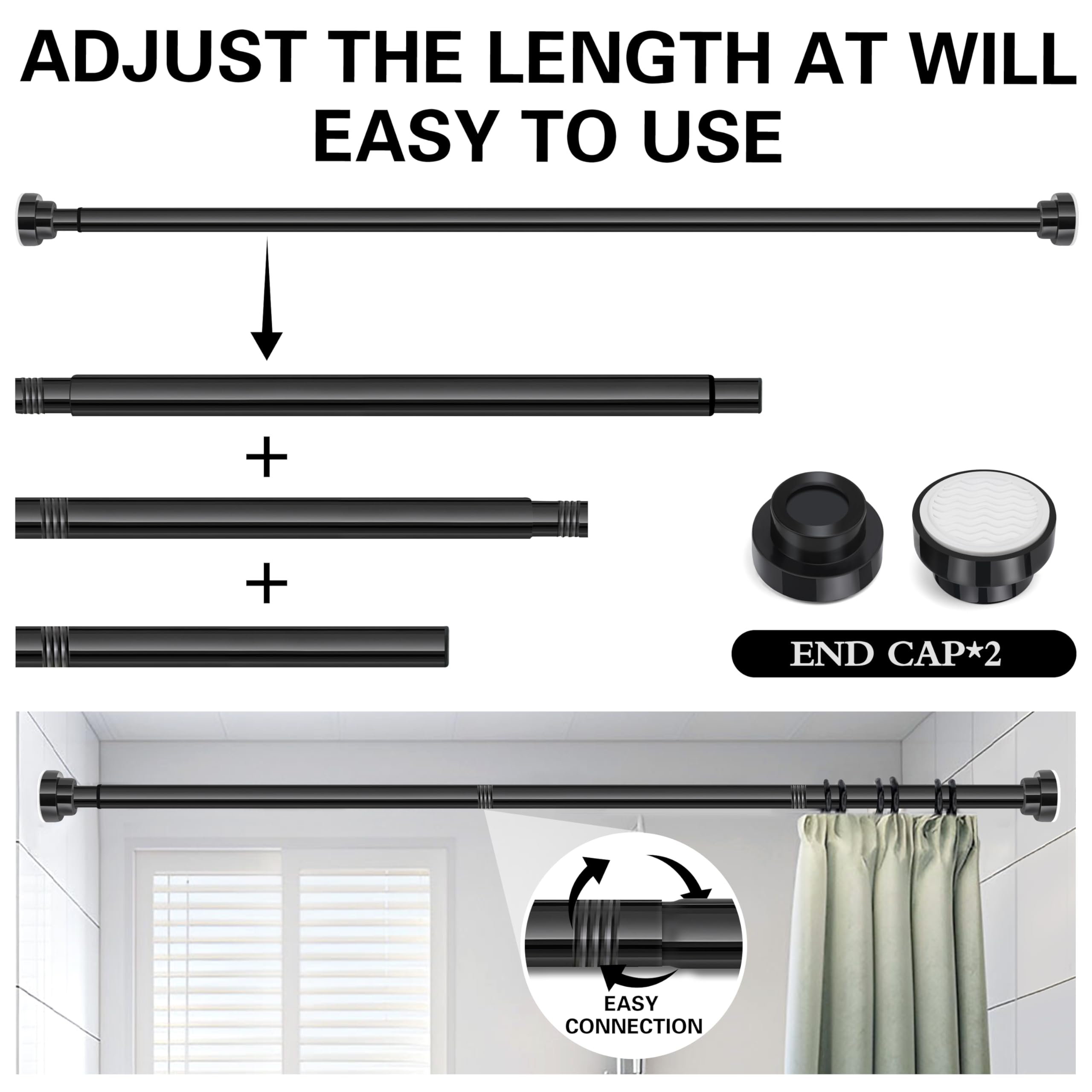 Stainless Steel Extendable Shower Curtain Rod Tension Pole (72cm-132cm) Black - Image 3