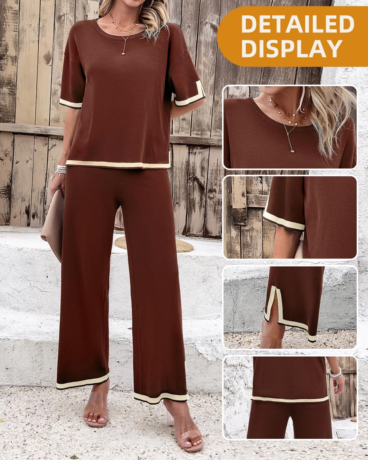 Womens 2 Piece Outfits Summer Sweater Sets Short Sleeve Knit Pullover Tops Wide Leg Pants Lounge Sets Tracksuits - Image 4