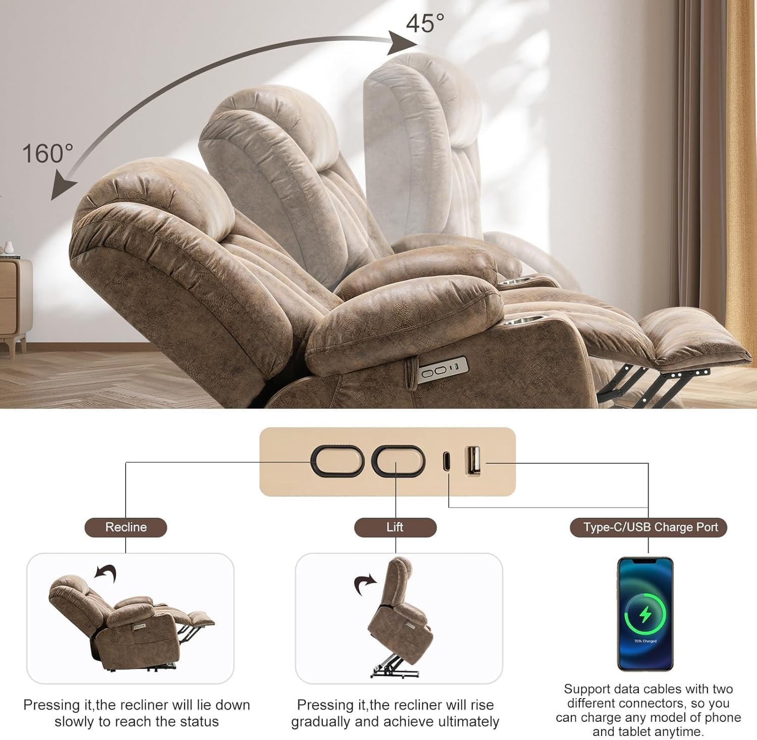 Large Oversized Recliner Sofa with Power Lift for Elderly, Genuine Leather Upholstery, Heat and Massage, Remote Control, Cup Holders, USB Ports, and Infinite Position