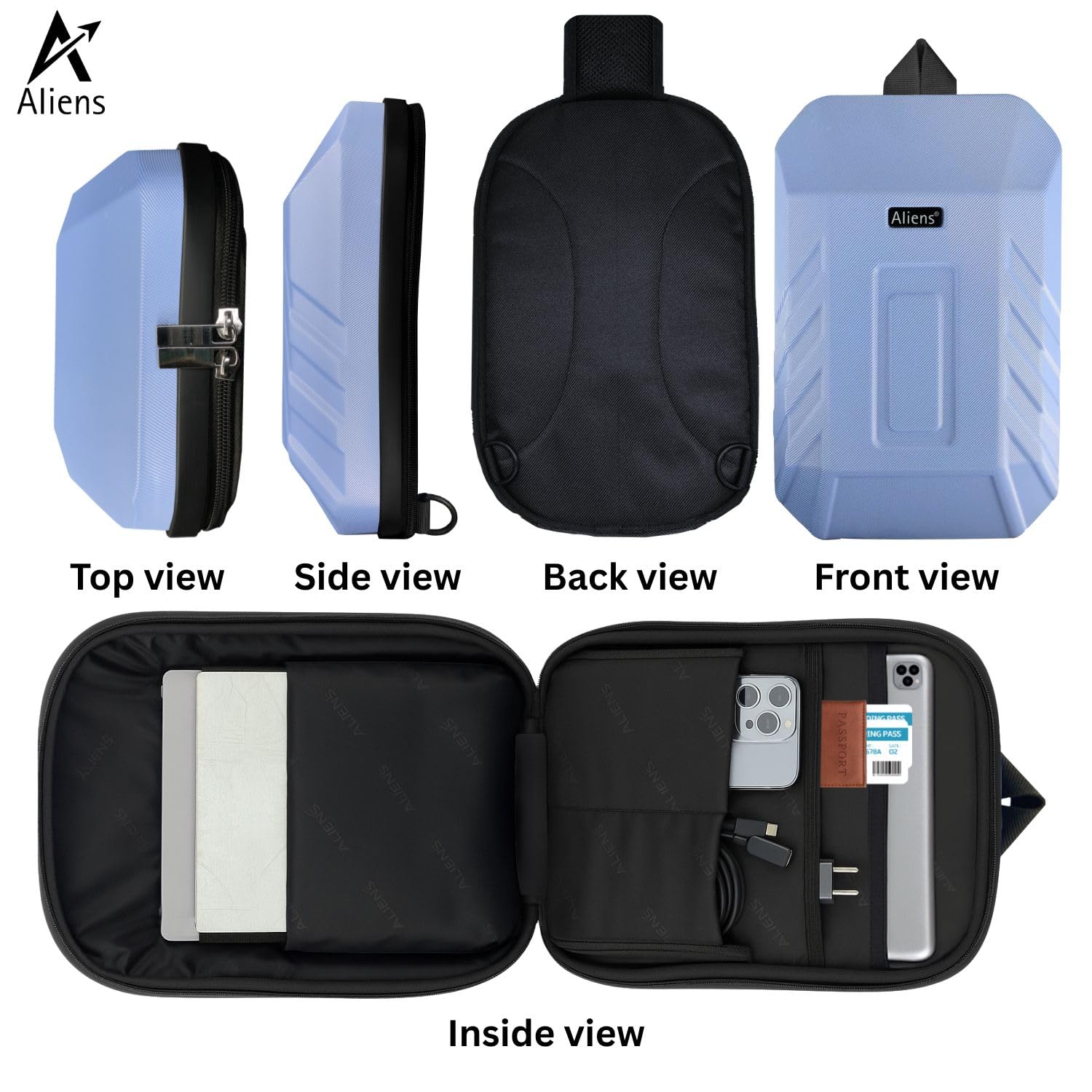 Aliens ABS Hard Shell Sling Bag | 180° Open Crossbody & One Side Shoulder Bag for Mens & Women, Office, Travel & Everyday Mini Backpack for iPad, Tablet, Smartphone,Charger,Headphone,HDD,Camera–Blue 1