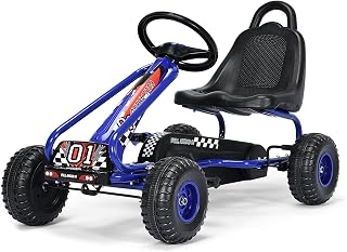 RELAX4LIFE Go Kart a Pedali per Bambini, Karting con 4 Ruote Antiurto e Freno a Mano, 2 Pedali Antiscivolo con Volante, Sedia Ergonomica e Posizione Regolabile(Blu)