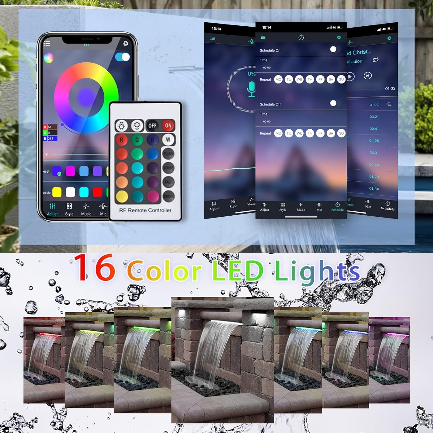 24 Inch APP Control Pool Waterfall Spillway Stainless Steel with LED Lights, Pond Fountain Set for Outdoor Decorations, Koi Pond Swimming Pool w/16 Color Changing Spillway for Sheer Descent