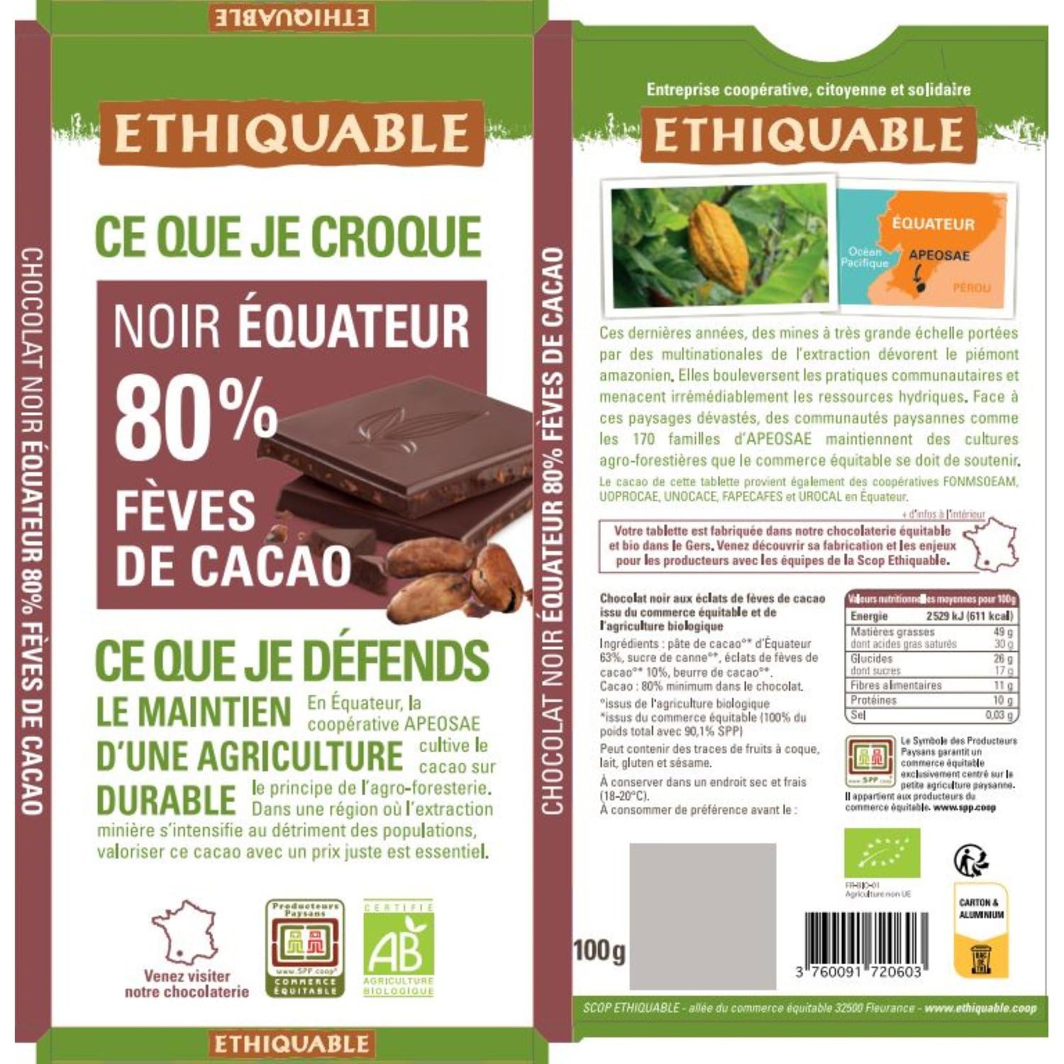 ETHIQUABLE - Chocolat Noir 80% aux Éclats de Fèves de Cacao Bio - 4 Ingrédients Sans Additifs - la tablette de 100 g - Le Lot De 4