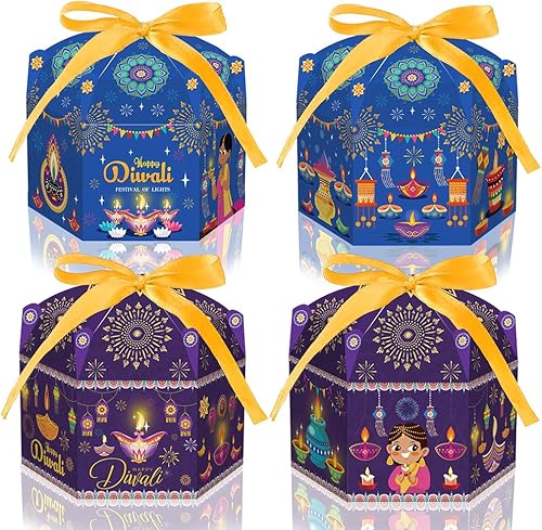 Miniatura 1 de ALIBBON Diwali - 12 cajas de regalo de Happy Diwali, cajas de suministros de fiesta con cintas de embalaje, cajas cuadradas para fiestas Diwali para