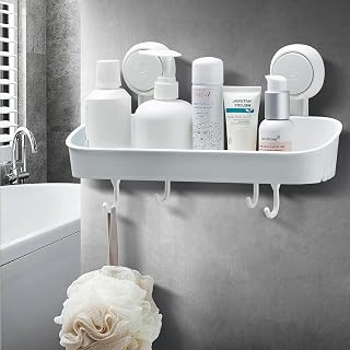 Suction Shower Caddy With 4 Hooks, Bathroom Shower Basket Wall Mounted Shower Organizer for Shampoo, Body Wash,Conditioner, Plastic Shower Rack for Kitchen & Bathroom, No Drilling Removable