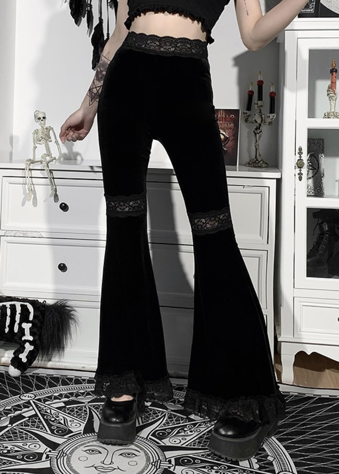 Pantaloni da donna in velluto gotico vintage midi vita pantaloni punk grunge harajuku pantaloni a gamba larga Y2K Emo Alt pantaloni