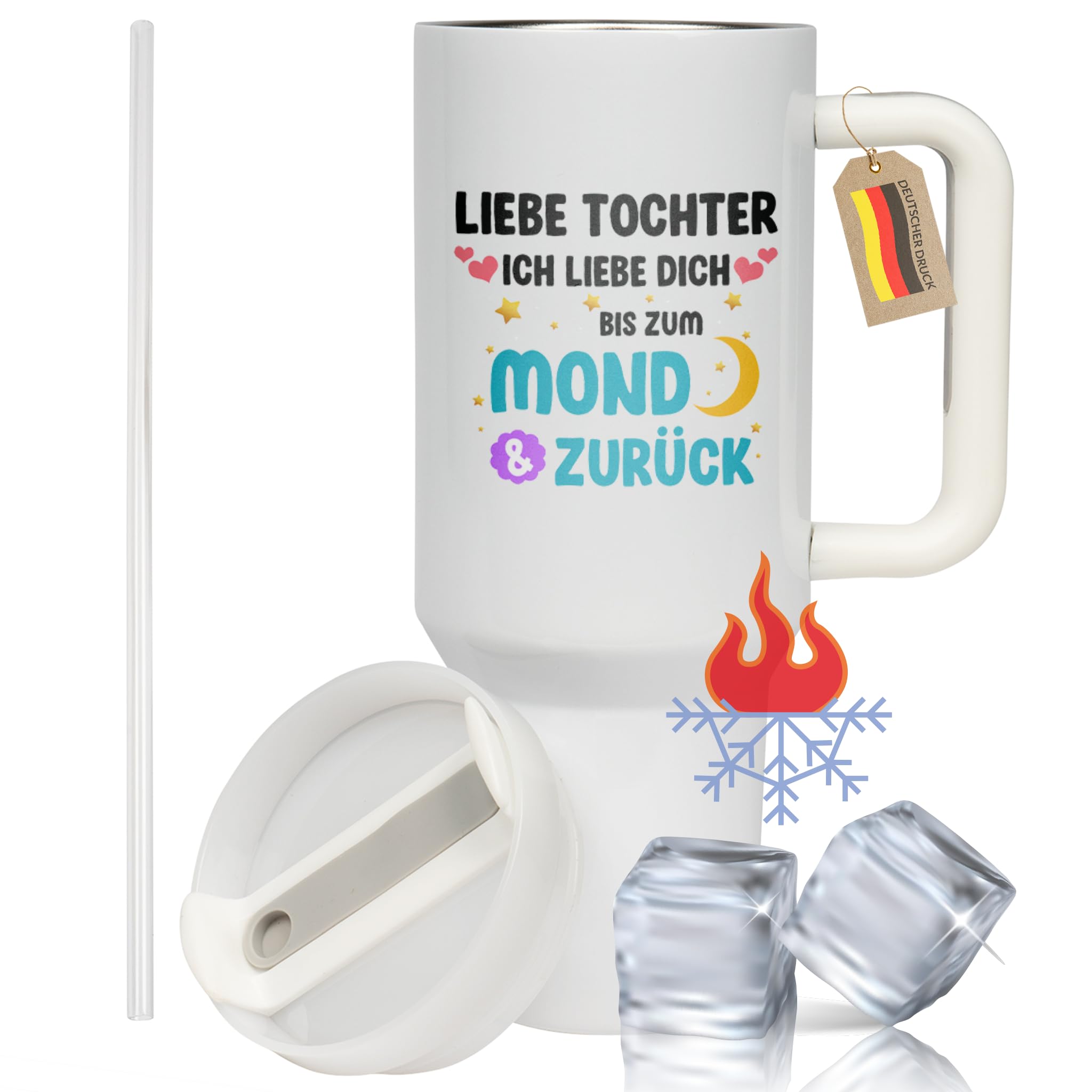 XXL Thermobecher für Tochter – Geschenk zum Geburtstag & Weihnachten – Edelstahl Trinkflasche, Weiß mit Spruch Liebe dich bis zum Mond & zurück (WIEDERVERWENDBAR)