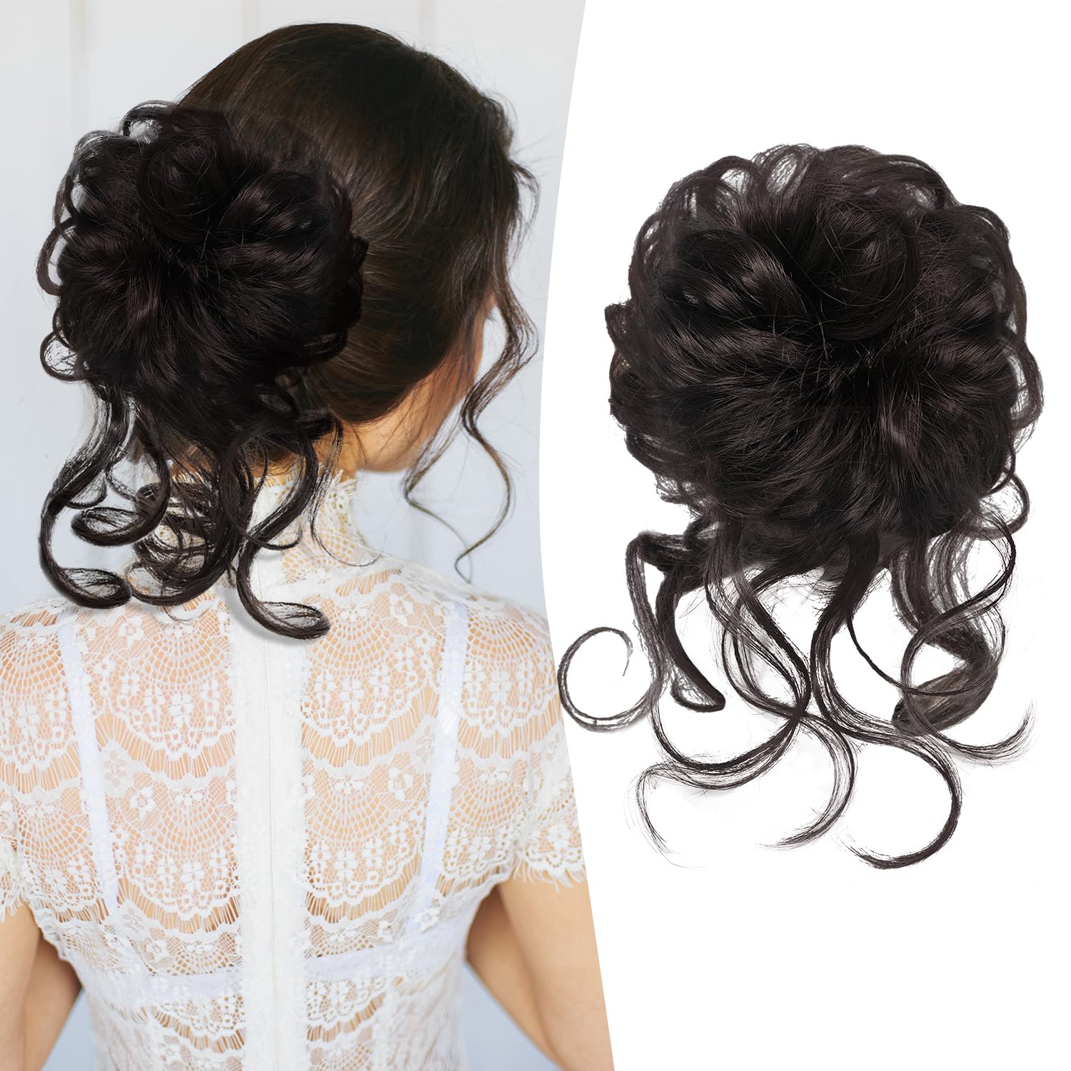 Messy Bun Hair Piece, Curly Wavy Hair Bun Extensions for Women, Tousled Updo Fake Hair Scrunchie, Synthetic Hairpiece with Elastic Band, Fake Bun for Updo Styling (Mix Light Brown)