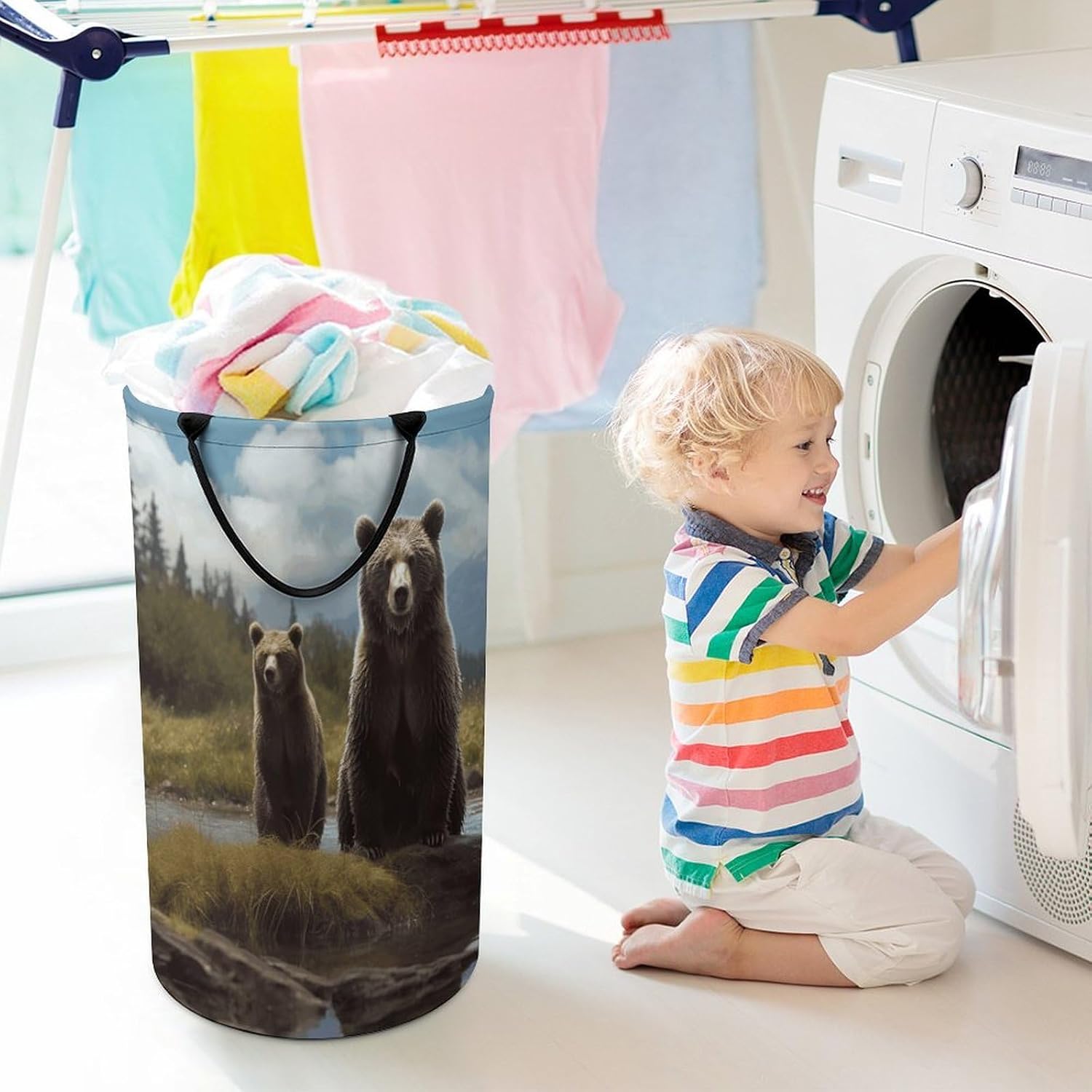 Large Laundry Hamper with Handles Encounter Animal Bear Laundry Basket Freestanding Waterproof Clothes Hamper for Living Room Bedroom Bathroom College Dorm
