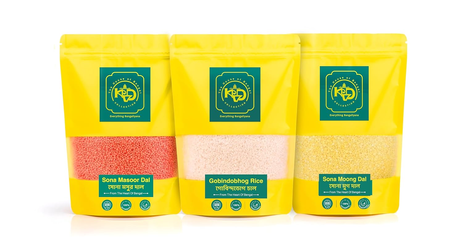 KVD Collection Bangla Premium Combo – 1500G | Handmade Bengali Gobindobhog Rice, Sona Moong Dal and Sona Masoor Dal – 500G Each (Pack of 3)