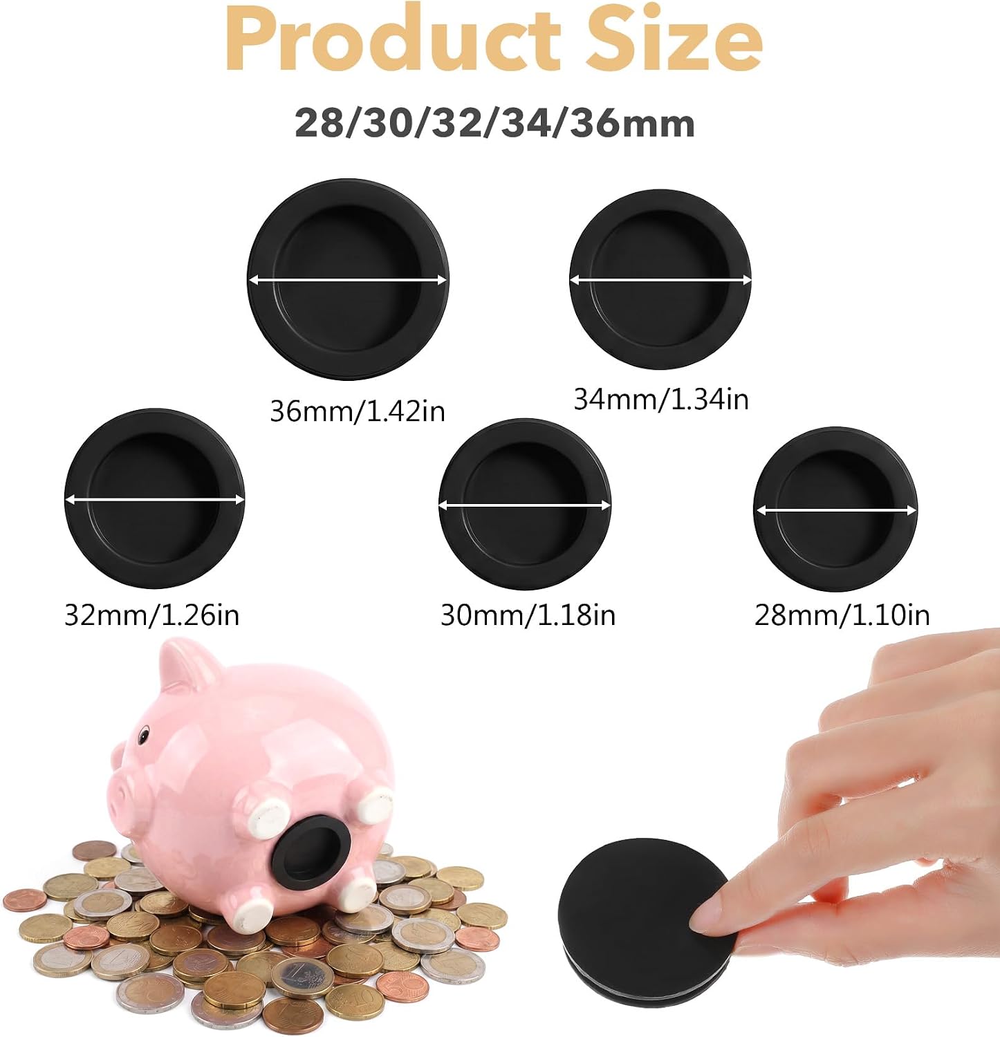 5 Pcs Piggy Bank Plugs or Stoppers, 5 Sizes Black Silicone Piggy Bank Stopper Rubber Plugs Replacement (Black, 28mm, 30mm, 32mm, 34mm, 36mm) image 2