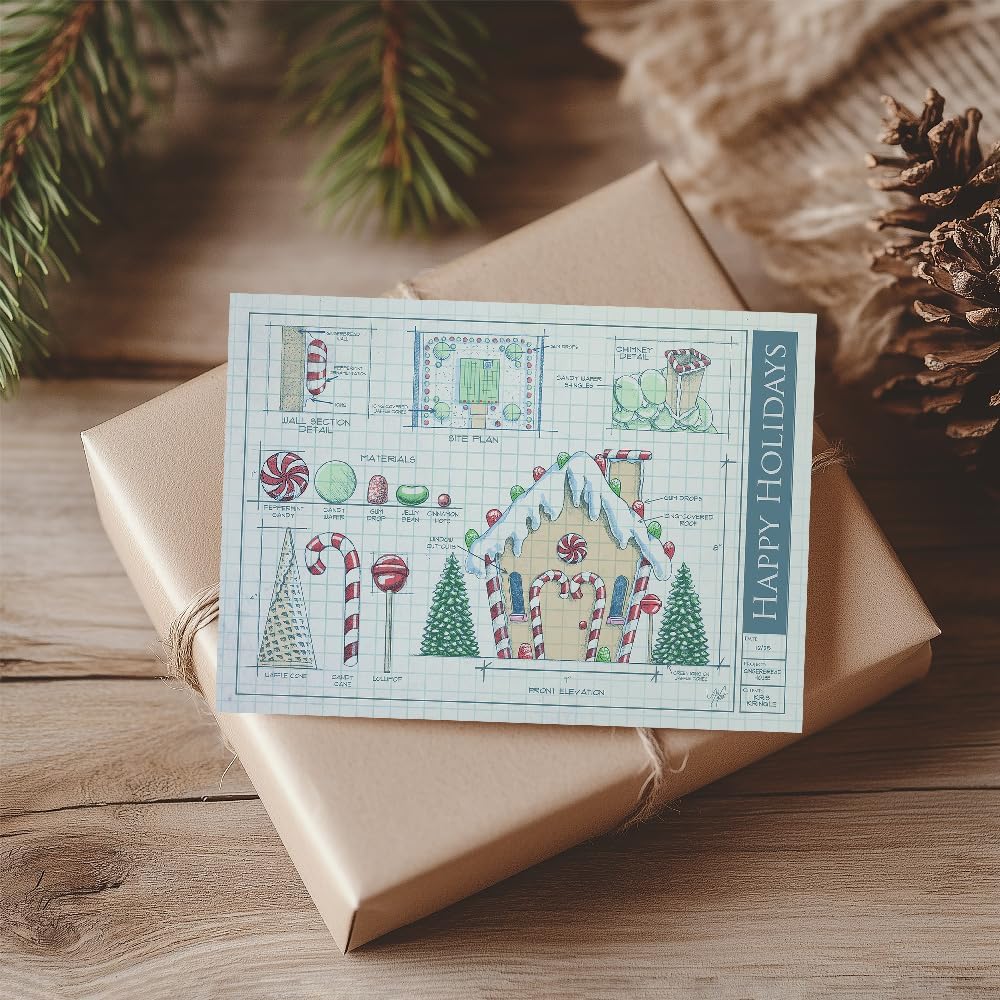 Architecture & Engineering Christmas Greeting Cards – 50-Pack Bulk Holiday Cards for Architects, Engineers, Home Builders & Contractors, Blueprint Gingerbread House Design