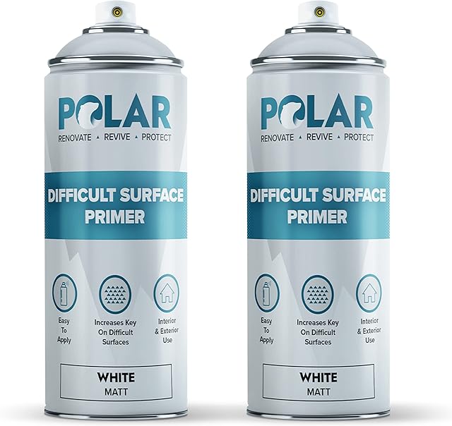 Polar White Difficult Surface Primer Spray - 2 x 400ml - Ideal For MDF, Tiles, Melamine, Metal, Wood & Rigid Plastics - Primer Undercoat - Interior & Exterior - Packaging May Vary