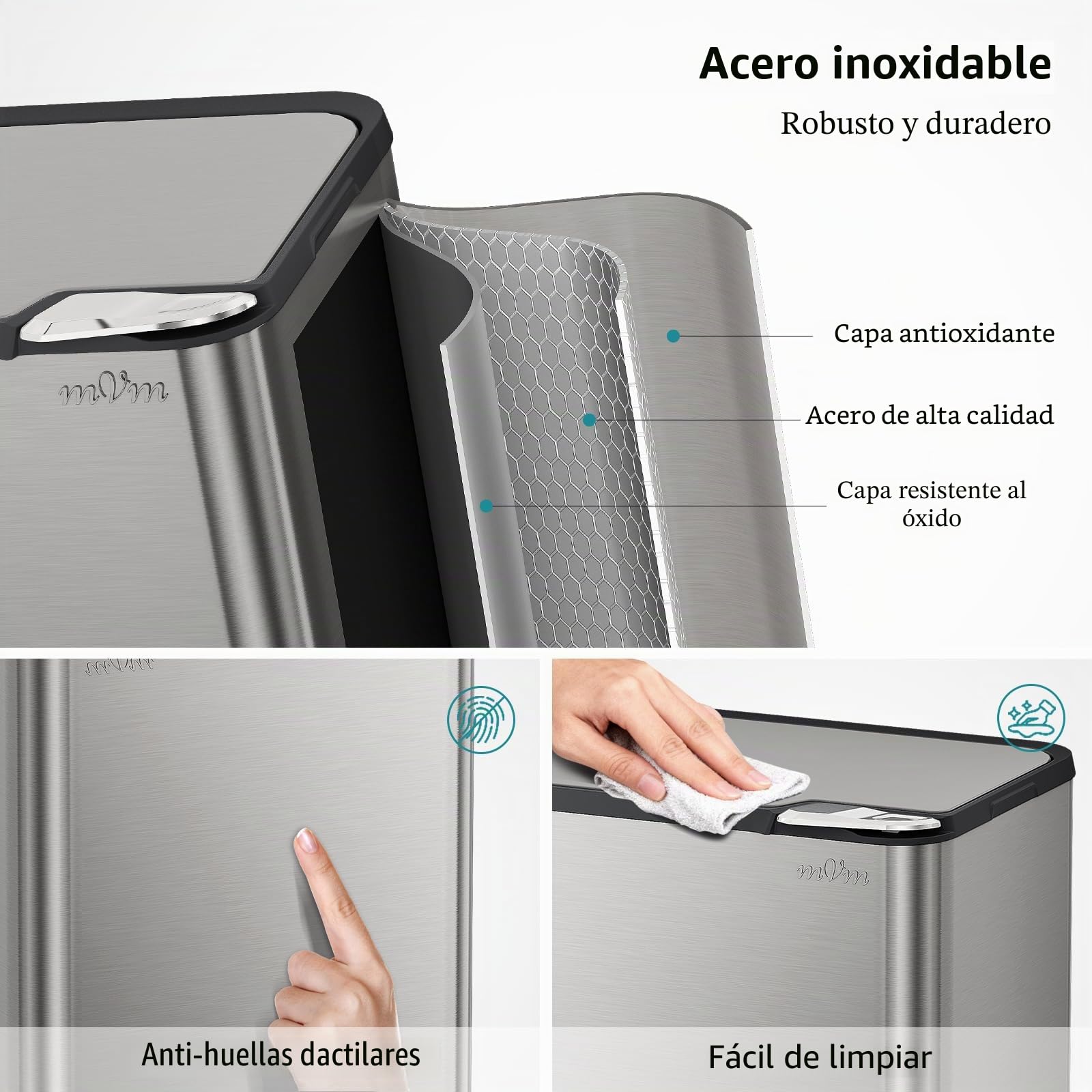 mVm Cubo de Basura con Presión Manual 60L, Acero Inoxidable Antihuellas con Soporte Desmontable, Tapa Amortiguada y Cubo Interior Extraíble